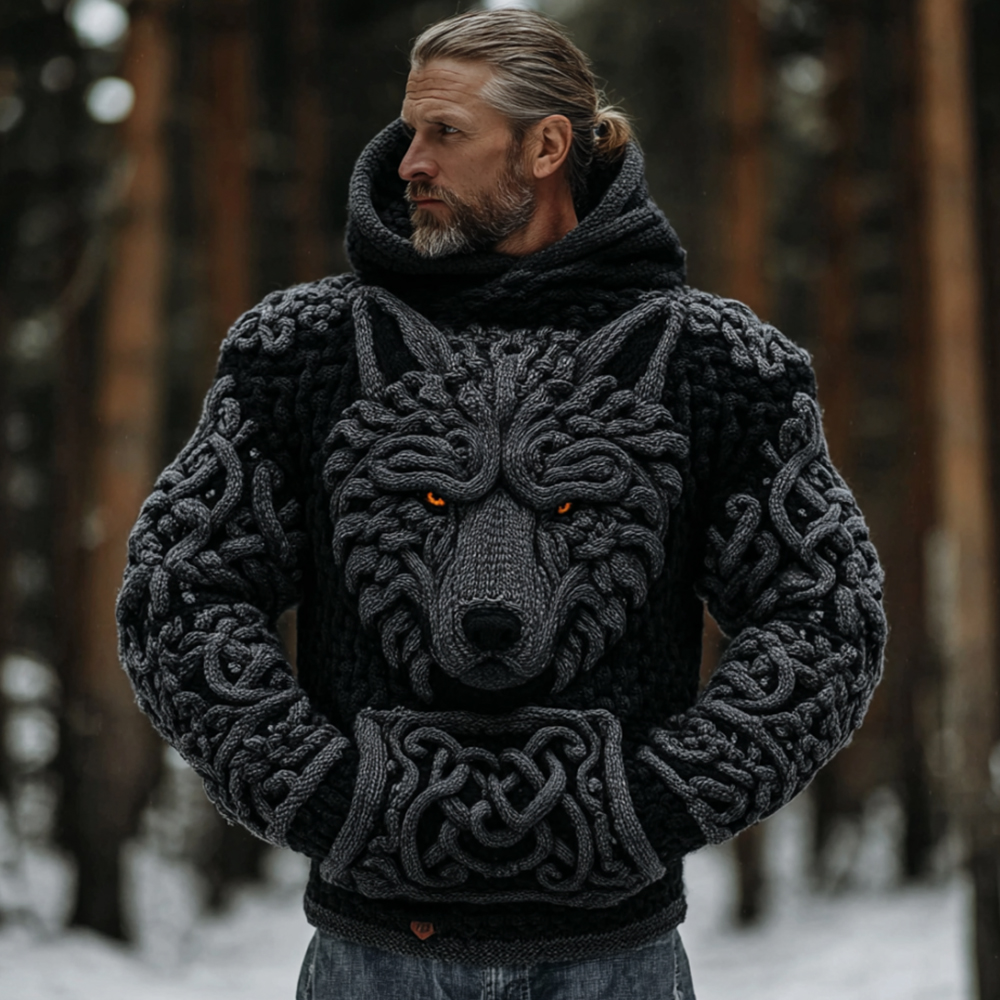 Men's Viking Celtic Knot Wolf Head Embroidered Thick Warm Hooded Sweater
