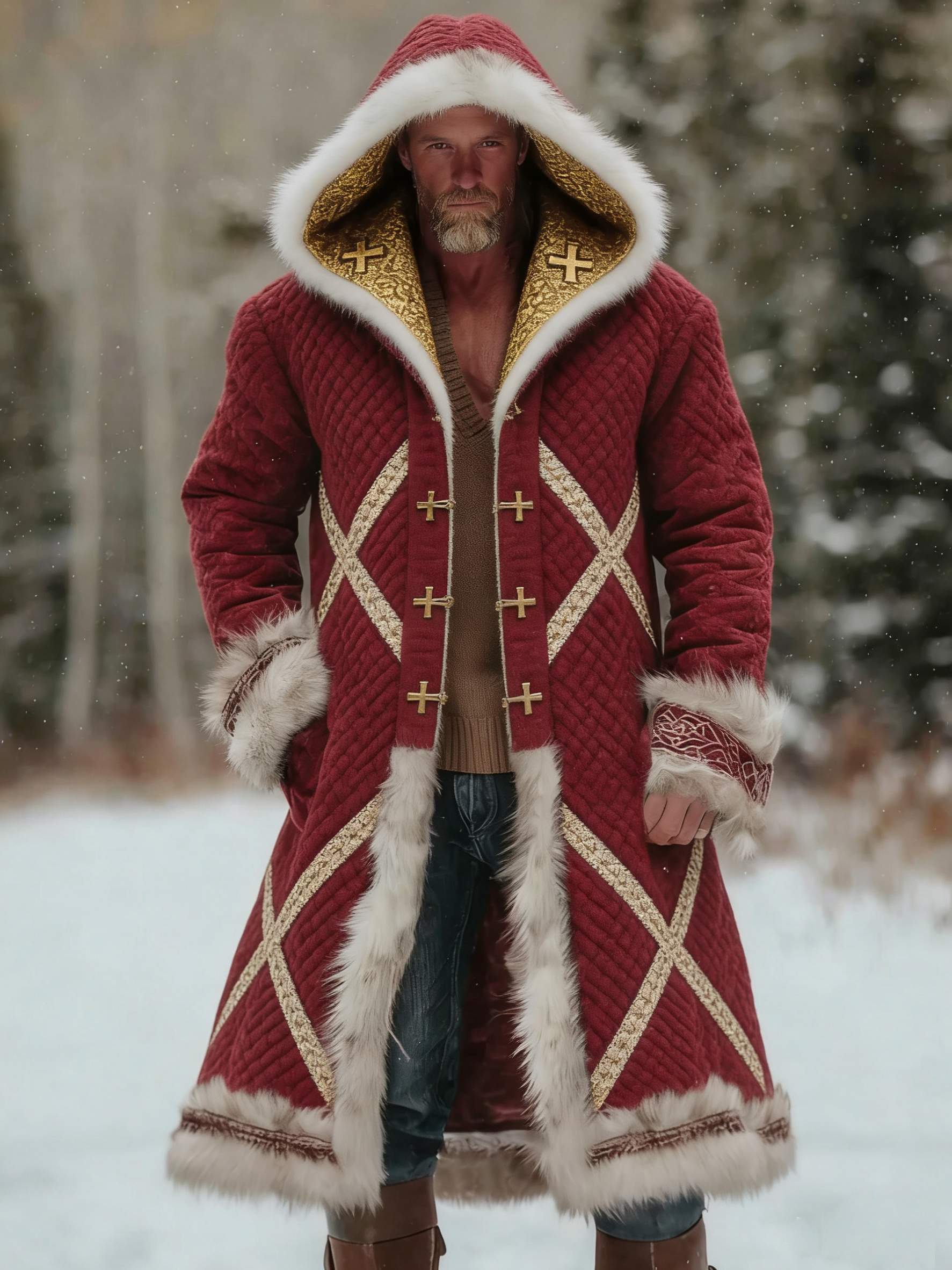 Men's Vintage Crusader Design Long Hooded Coat With Fur Collar