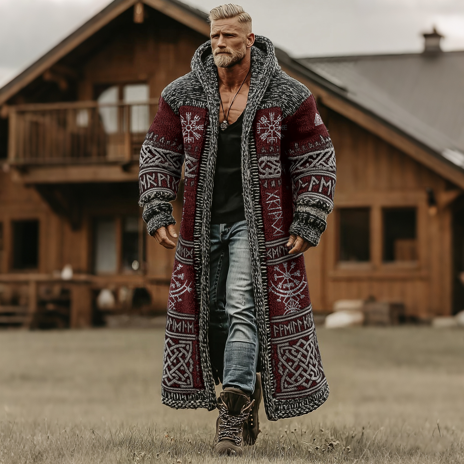 Men's Vintage Viking Celtic Art Pattern Knit Mid-length Sweater Cardigan