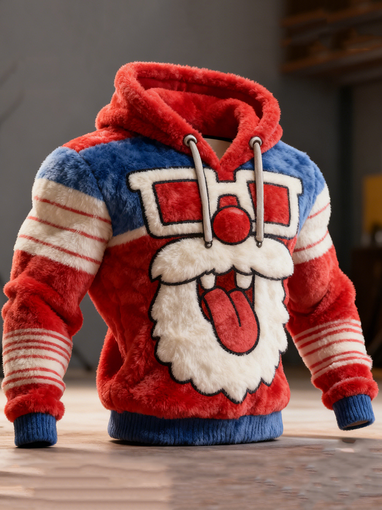 Men's Fun Tongue-out Santa Claus Color-blocked Plush Hoodie