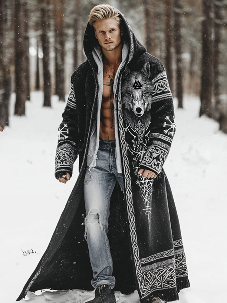 Men's Viking Wolf Runes Celtic Knot Printed Hooded Cardigan