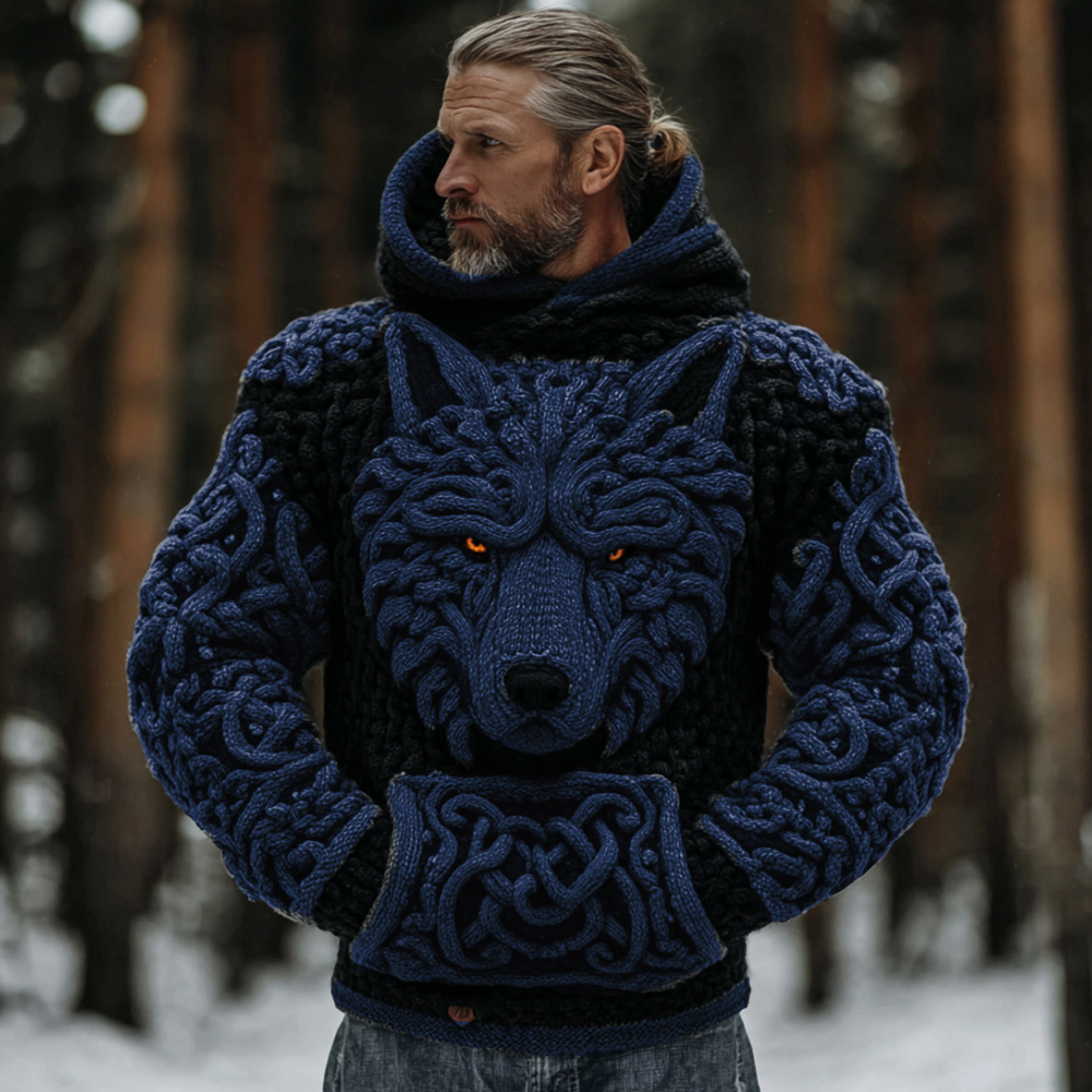 Men's Viking Celtic Knot Wolf Head Embroidered Thick Warm Hooded Sweater