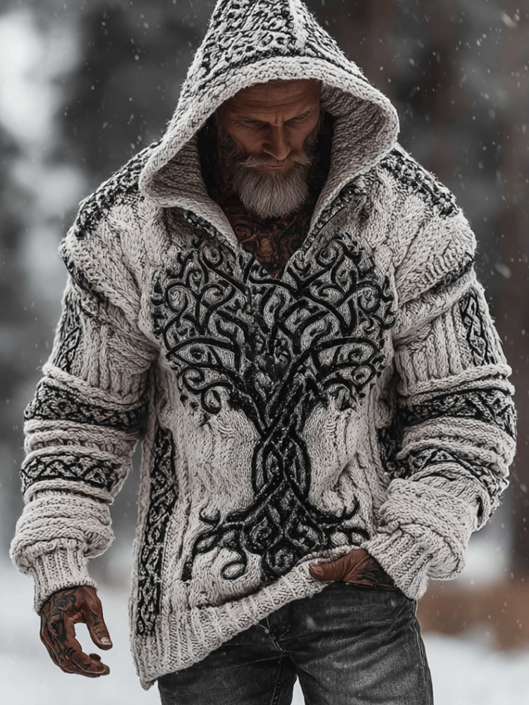 Men's Viking Style Flowering Tree Of Life Warm Thick Needle Hooded Sweater