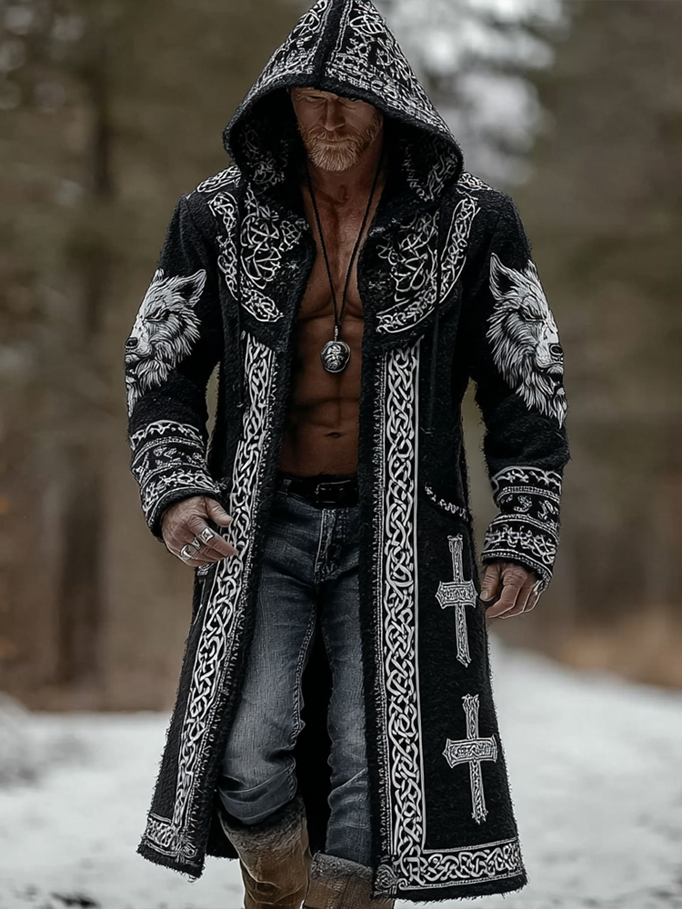 Vintage Viking Celtic Style Men's Knitted Sweater Long Coat