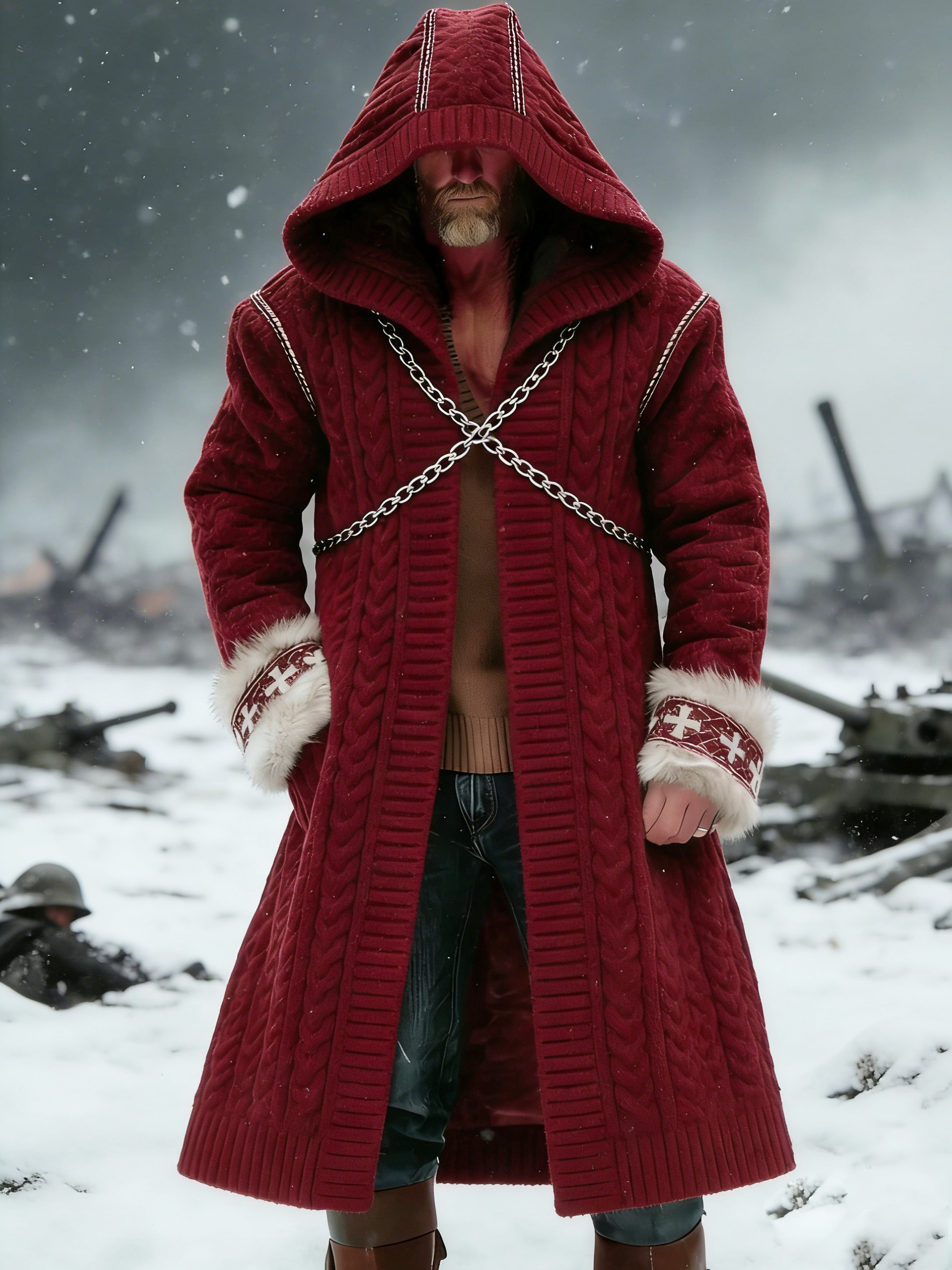 Men's Vintage Crusader Design Long Hooded Coat With Fur Collar