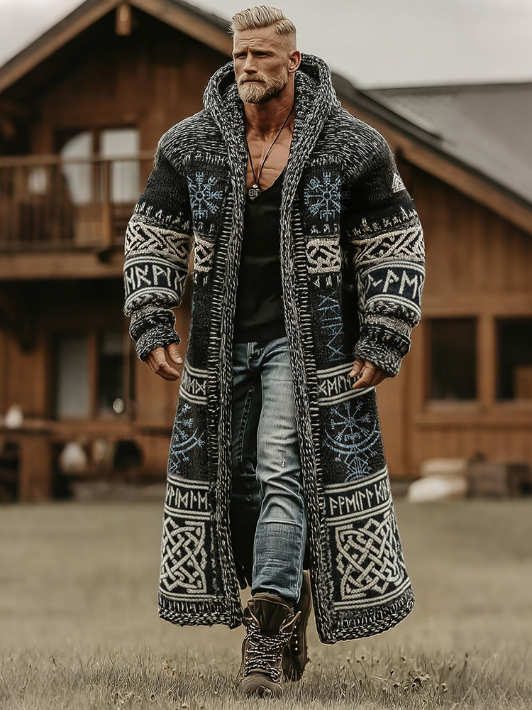 Men's Vintage Viking Celtic Art Pattern Knit Mid-length Sweater Cardigan