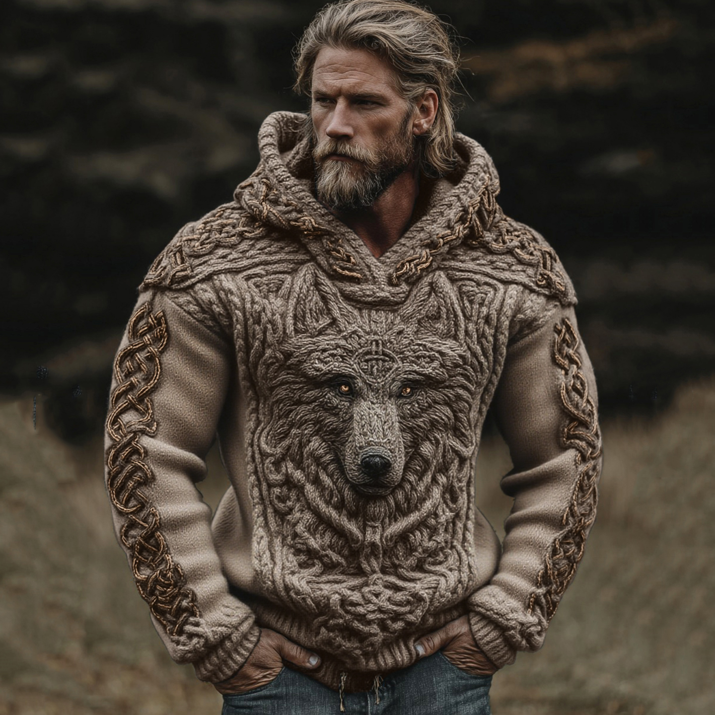 Men's Viking Wolf Celtic Knot Jacquard Knitted Hooded Sweater