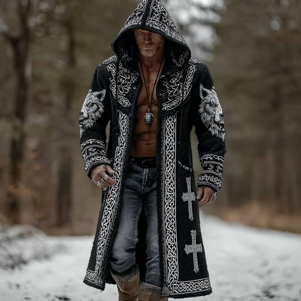 Vintage Viking Celtic Style Men's Knitted Sweater Long Coat