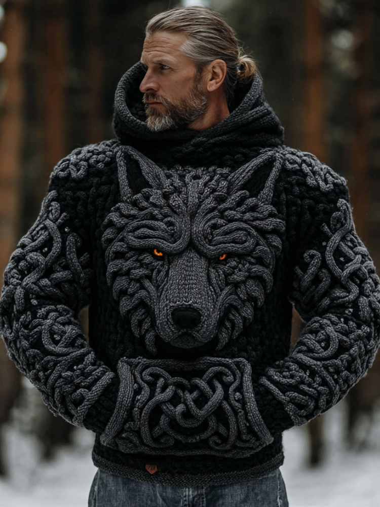 Men's Viking Celtic Knot Wolf Head Embroidered Thick Warm Hooded Sweater