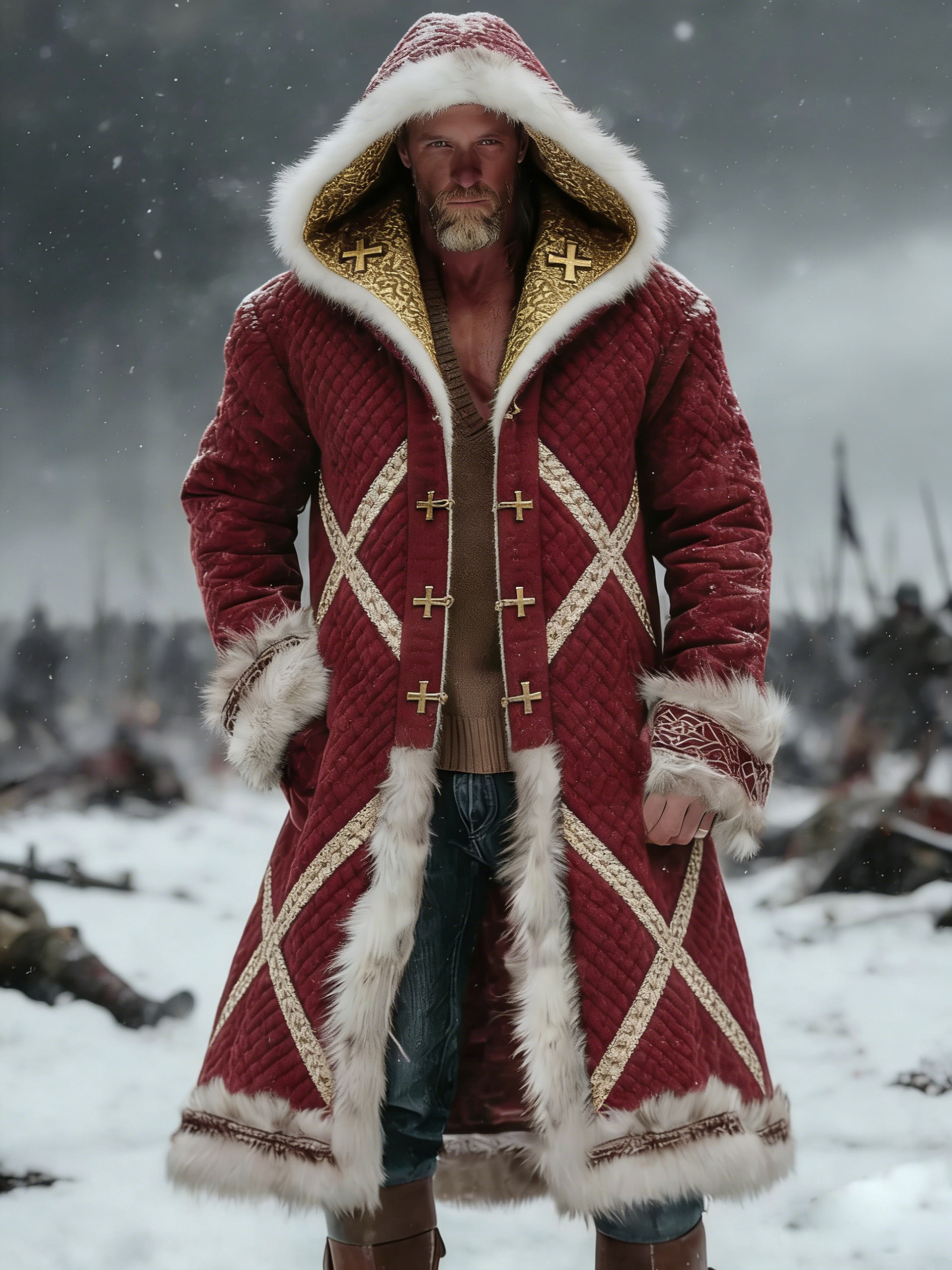 Men's Vintage Crusader Design Long Hooded Coat With Fur Collar