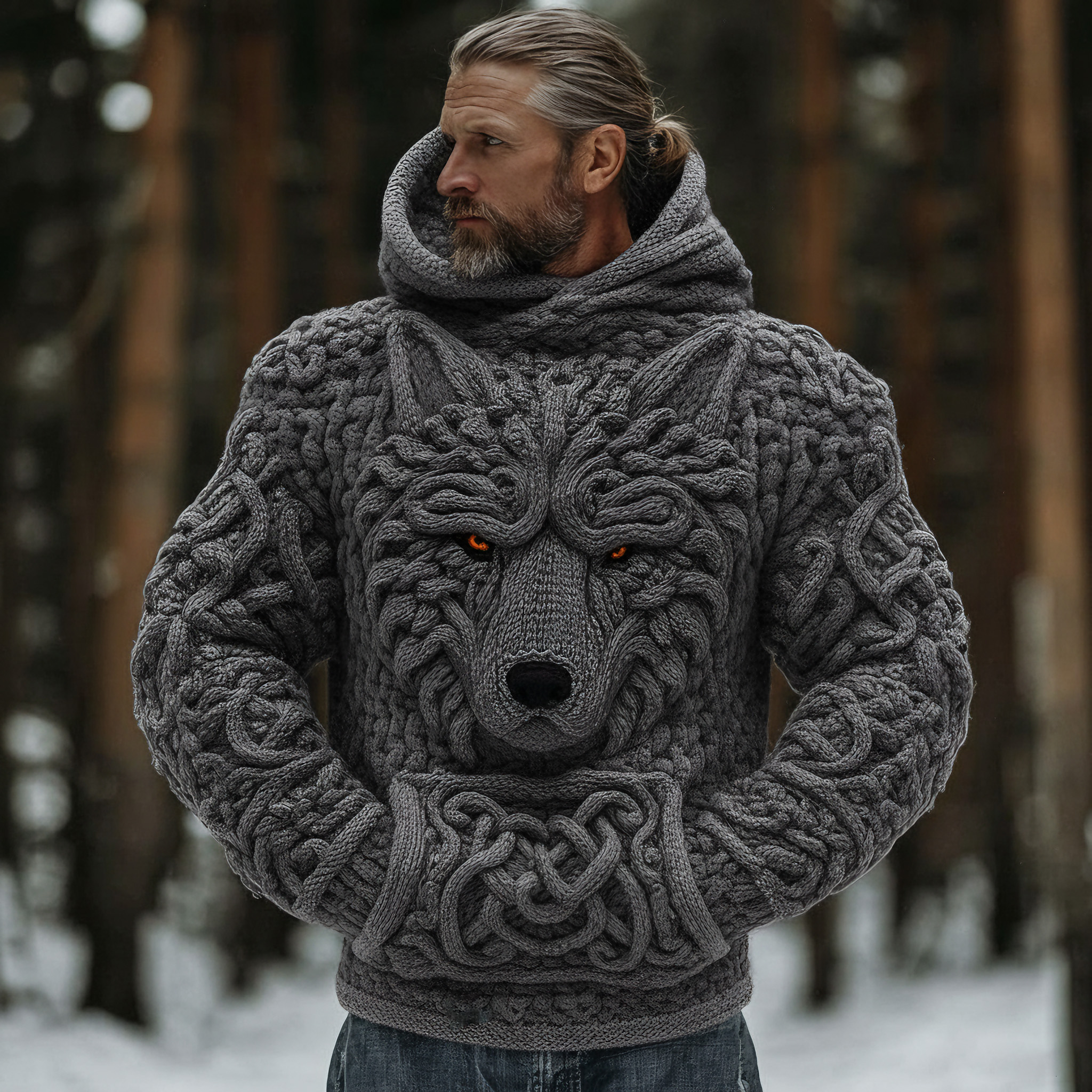 Men's Viking Celtic Knot Wolf Head Embroidered Thick Warm Hooded Sweater