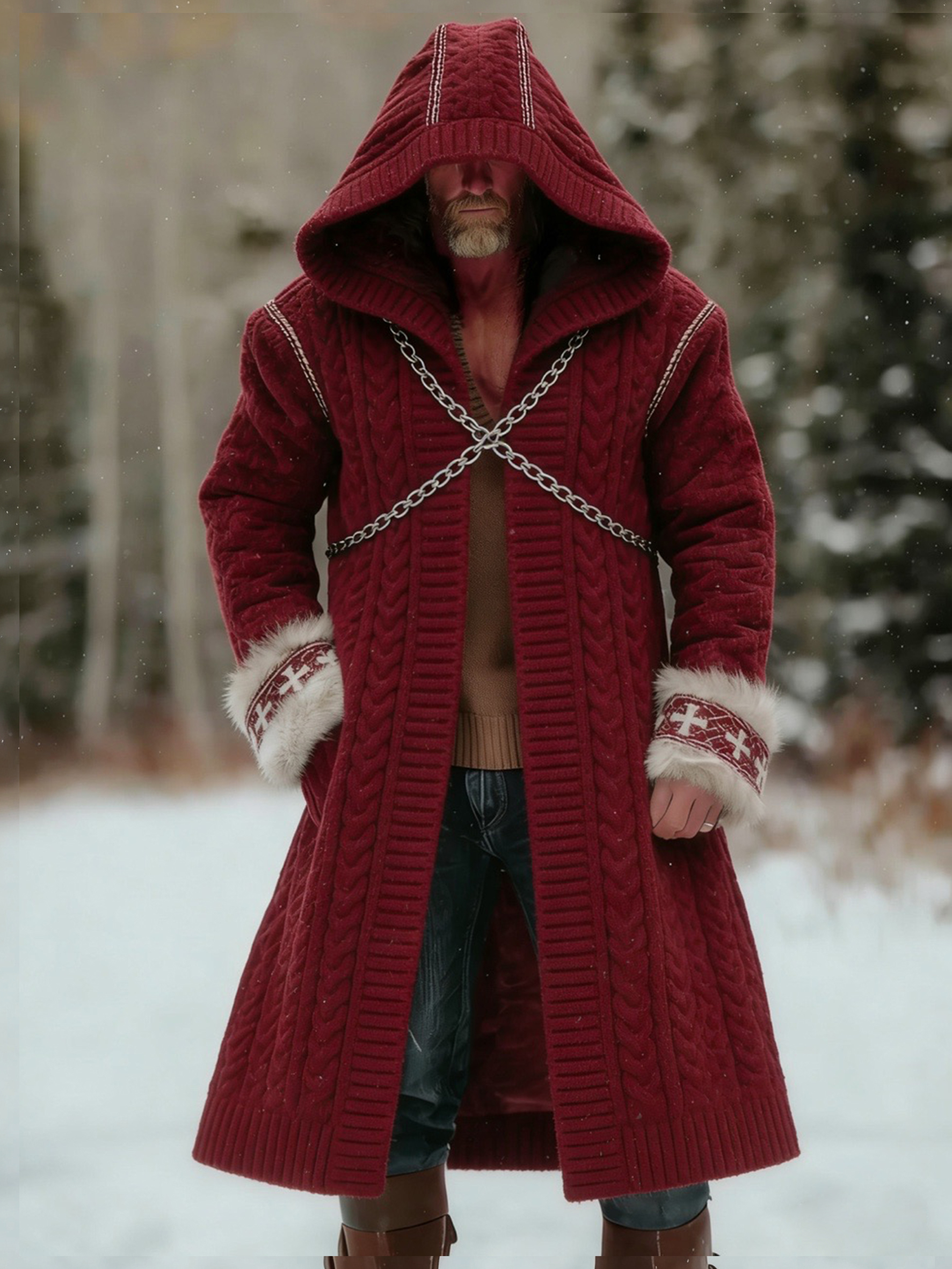 Men's Vintage Crusader Design Long Hooded Coat With Fur Collar