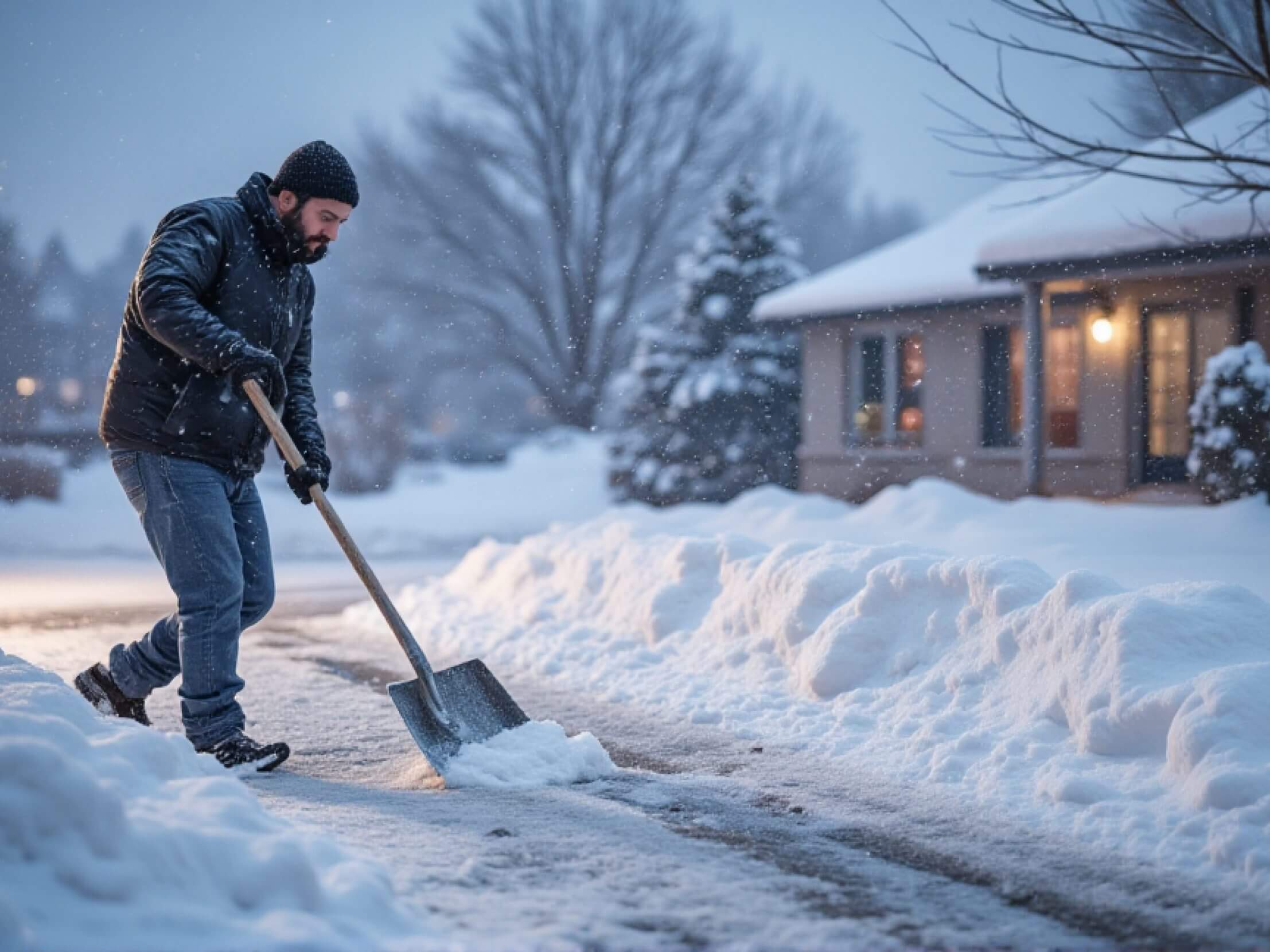 Traditional shovel clearing snow on gravel driveway, picking up both snow and gravel, causing surface damage.