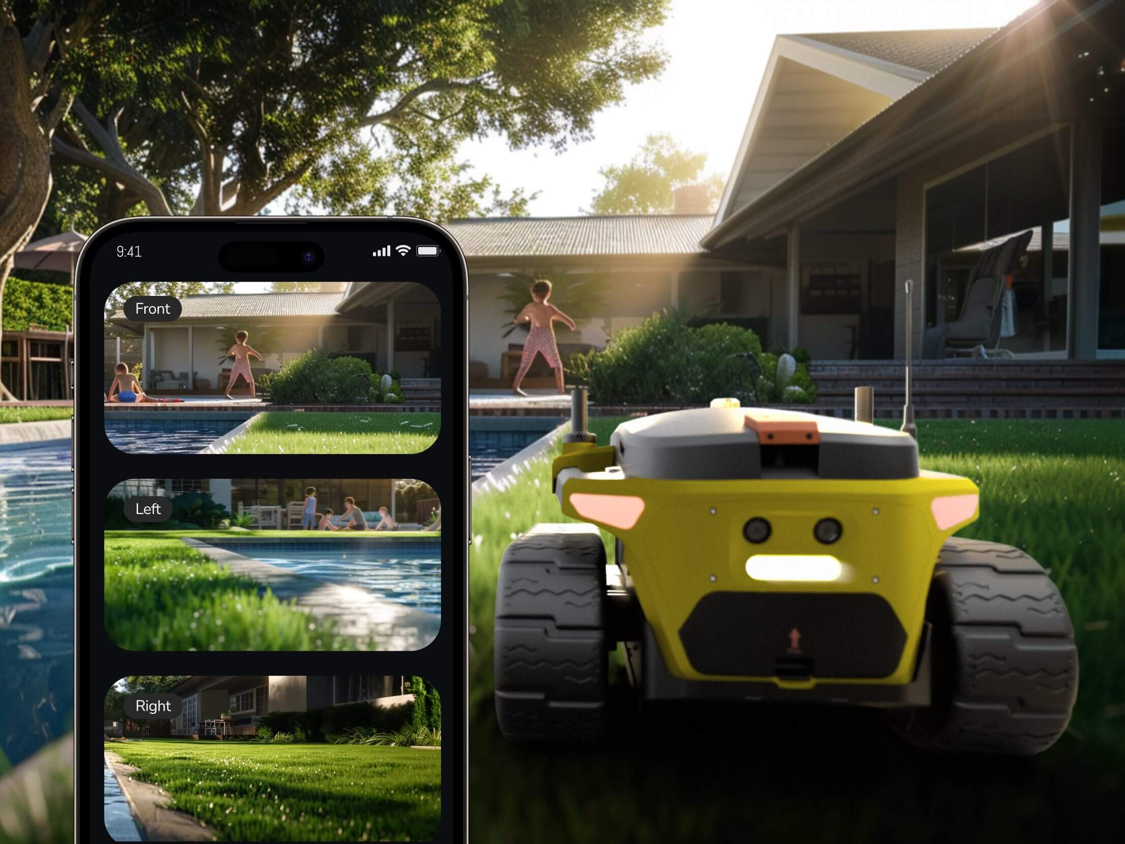 Screenshot of Yarbo’s Visual Monitoring feature, showing a live view of the device’s surroundings via its front and side cameras.