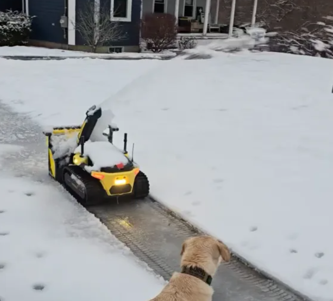 yarbo snow blower module with pet dog near by