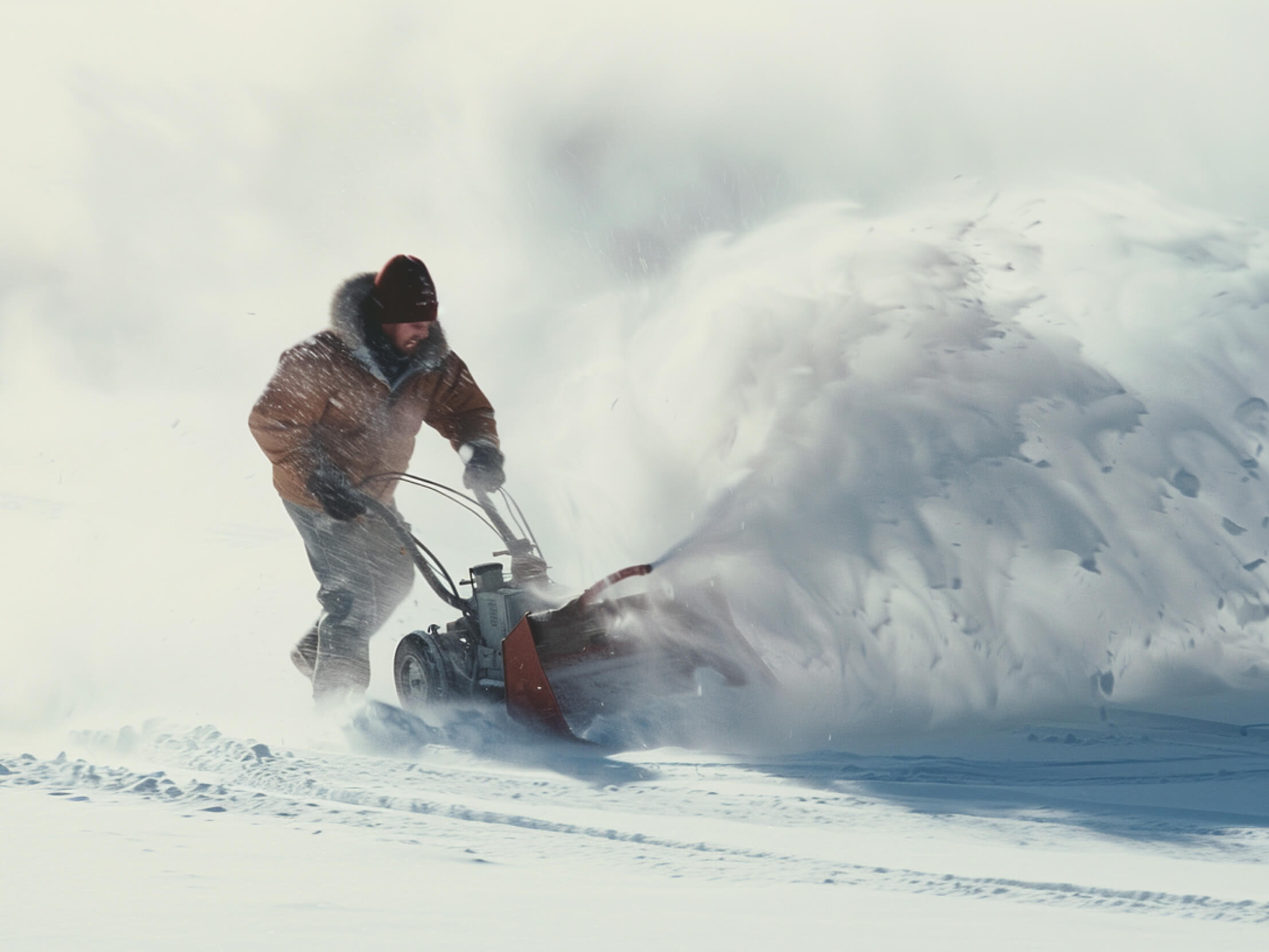 A man laboriously removes snow with a gas-powered snowblower