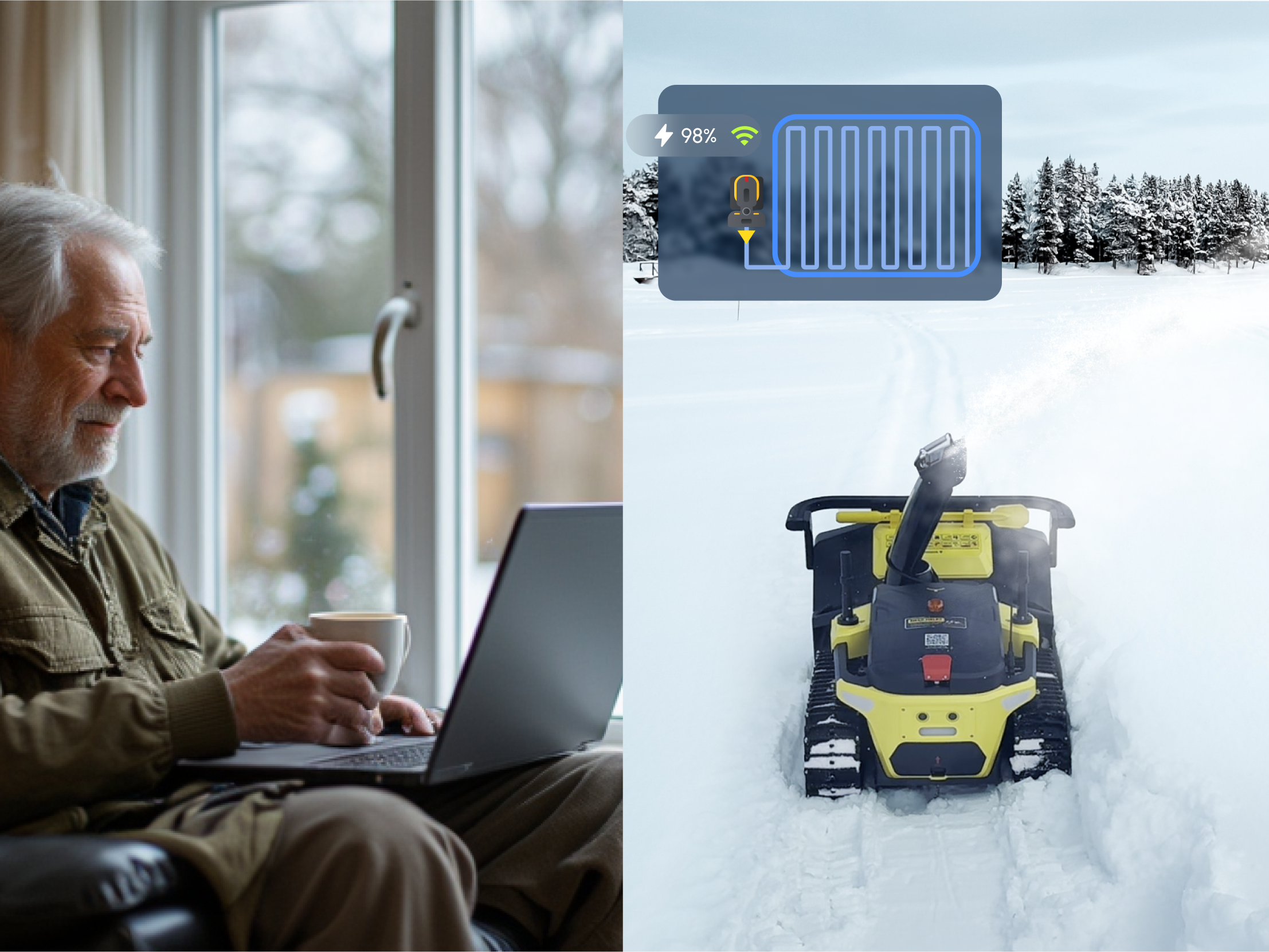 Homeowner enjoying coffee while Yarbo performs automatic residential snow removal in the yard.