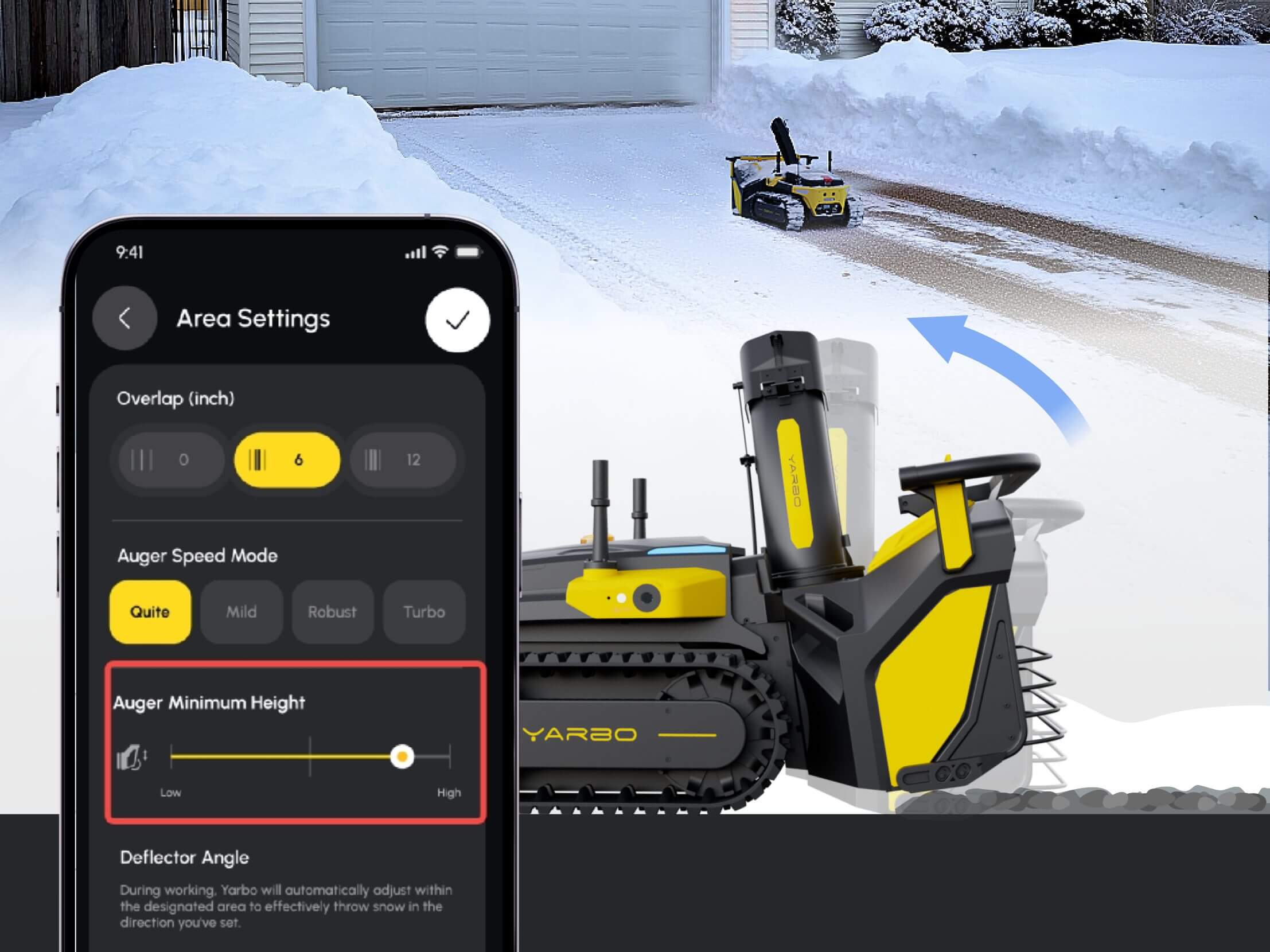 User adjusting Yarbo snow blower height using the Yarbo App for gravel driveway.