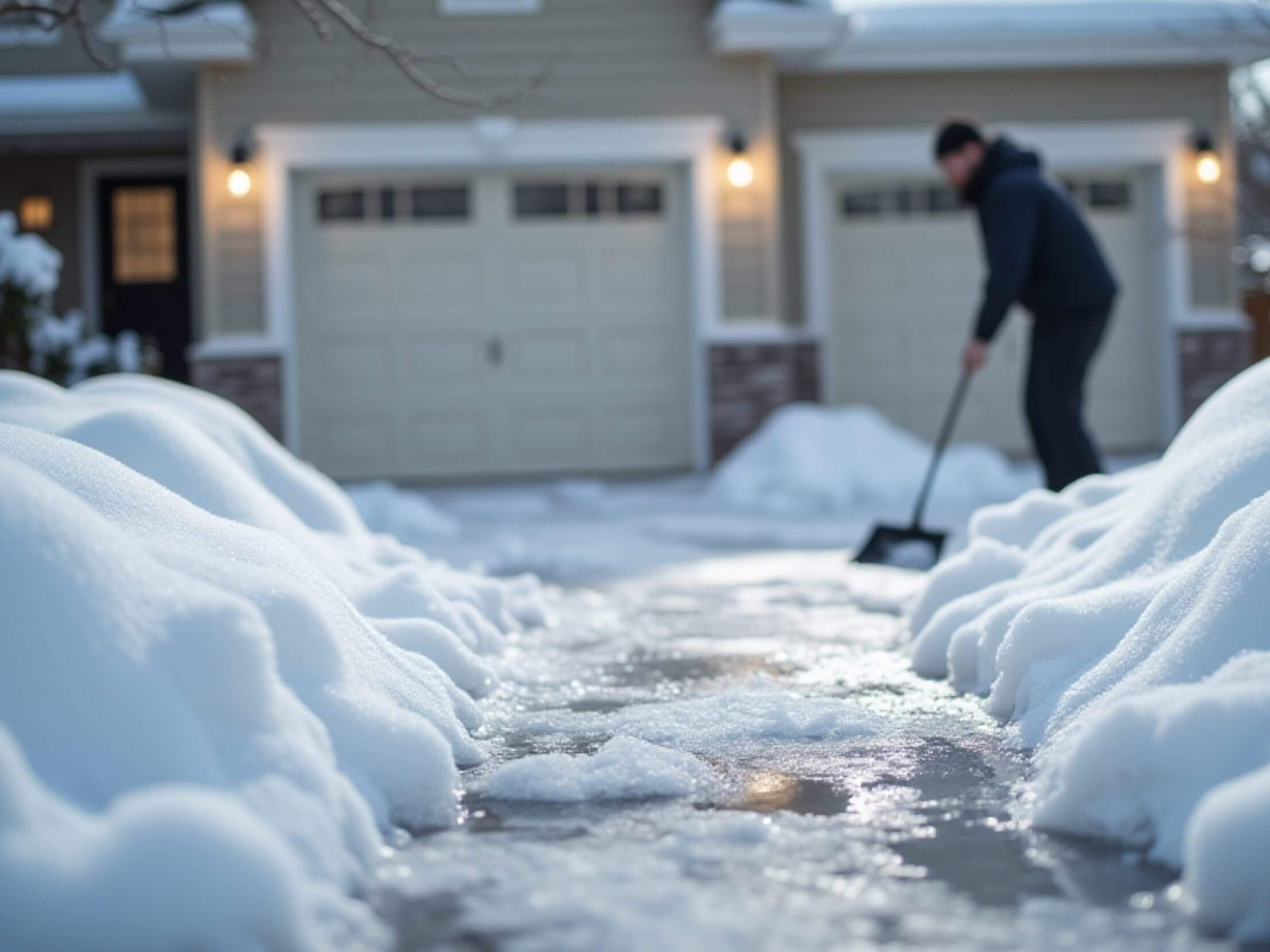 Heavy wet snow accumulating on a driveway.