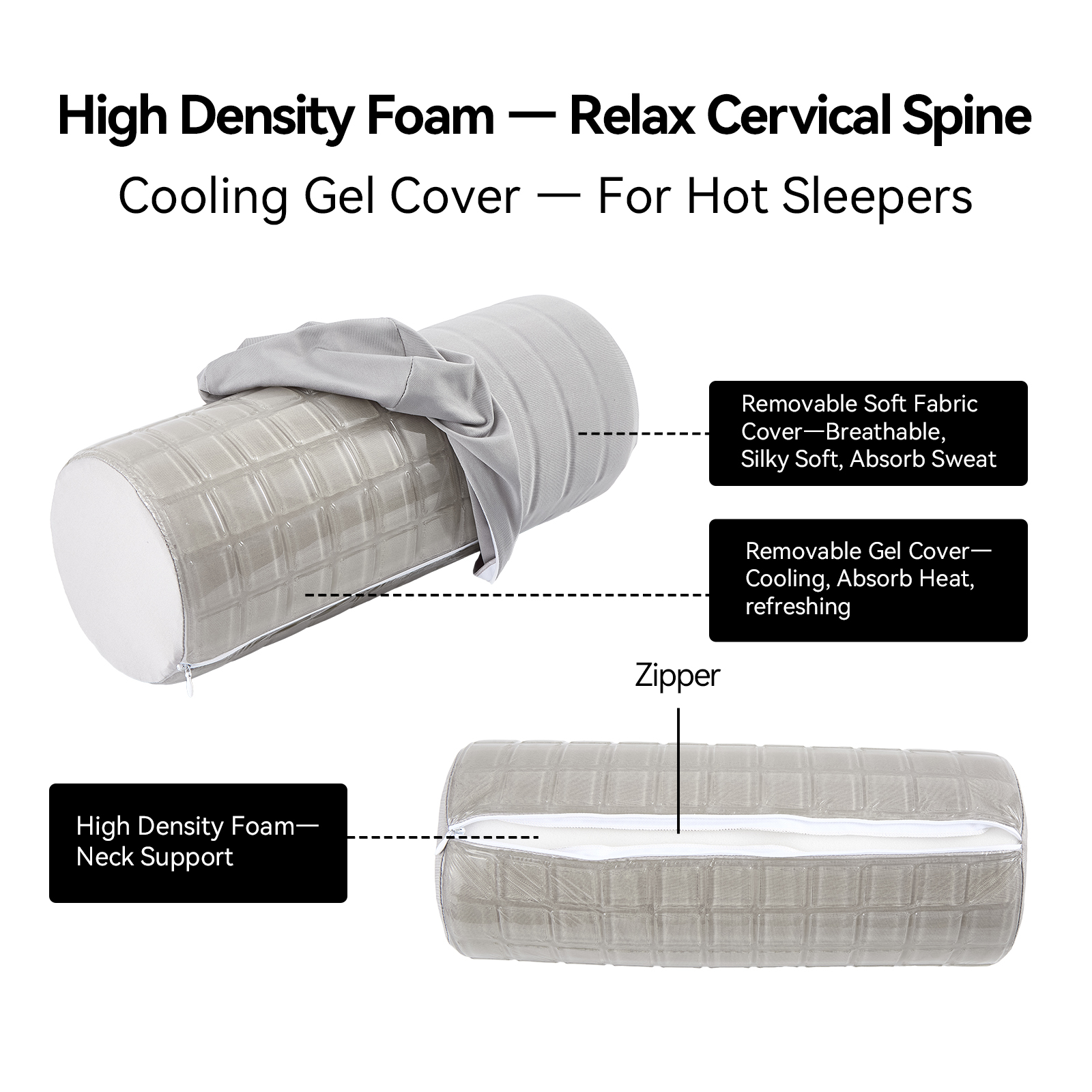 Neck Pillow with Cooling Gel Cover, Cooling Pillow for Hot Sleepers, Small Cervical Roll Pillow, High Density Foam Neck Round Pillow for Sleeping, Cylinder Bolster Pillow for Bed, Legs and Back