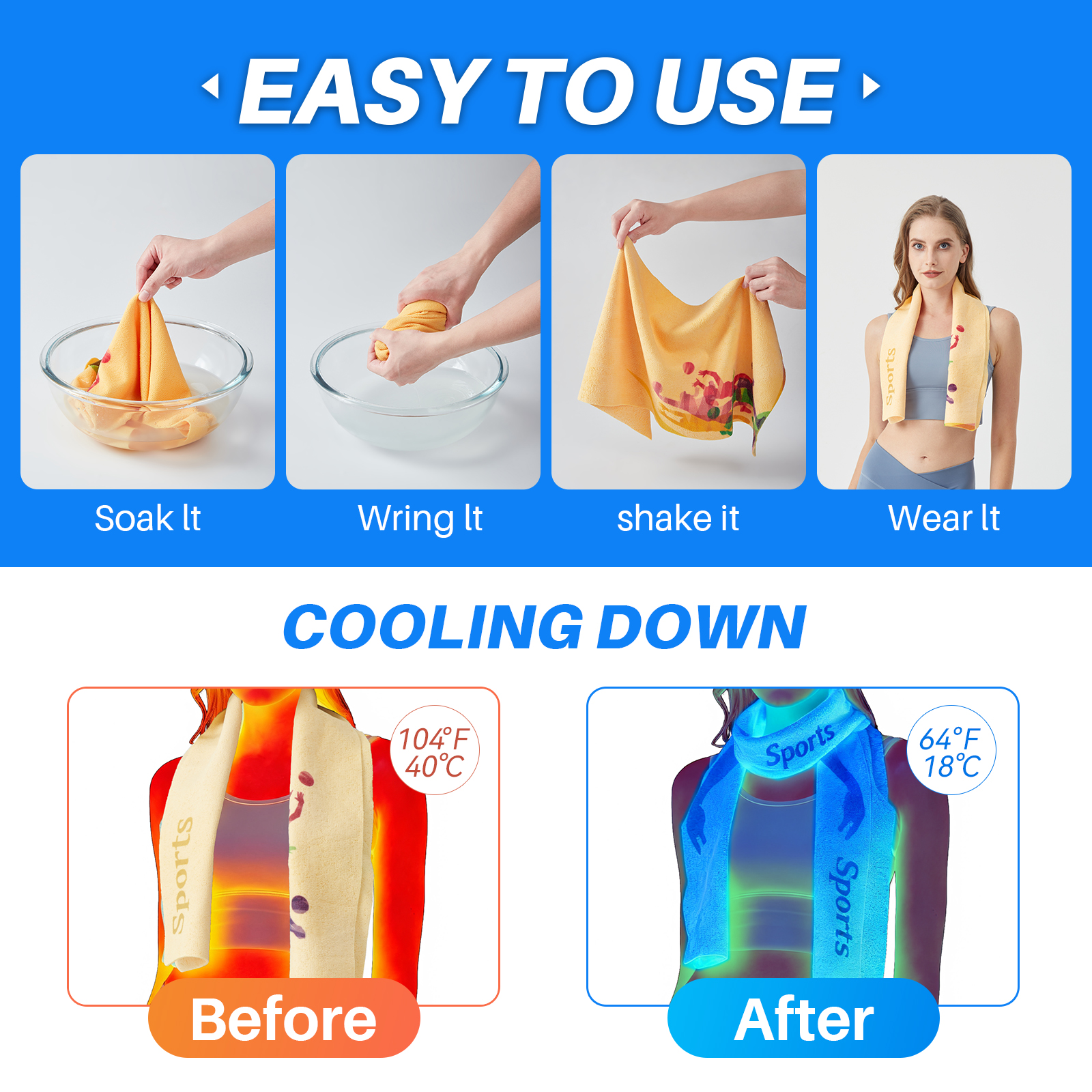 Cooling Towels 40 X 8 in, Reusable Chilly Towels, Sports and Outdoors Ice Towel for Yoga, Sport, Running, Instant Cooling, Quick-Drying, Super Absorbent