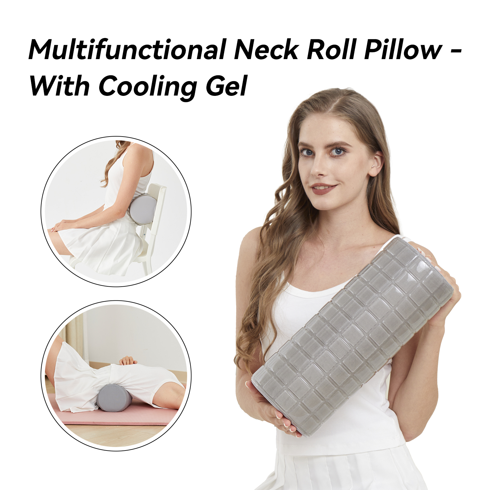 Neck Pillow with Cooling Gel Cover, Cooling Pillow for Hot Sleepers, Small Cervical Roll Pillow, High Density Foam Neck Round Pillow for Sleeping, Cylinder Bolster Pillow for Bed, Legs and Back