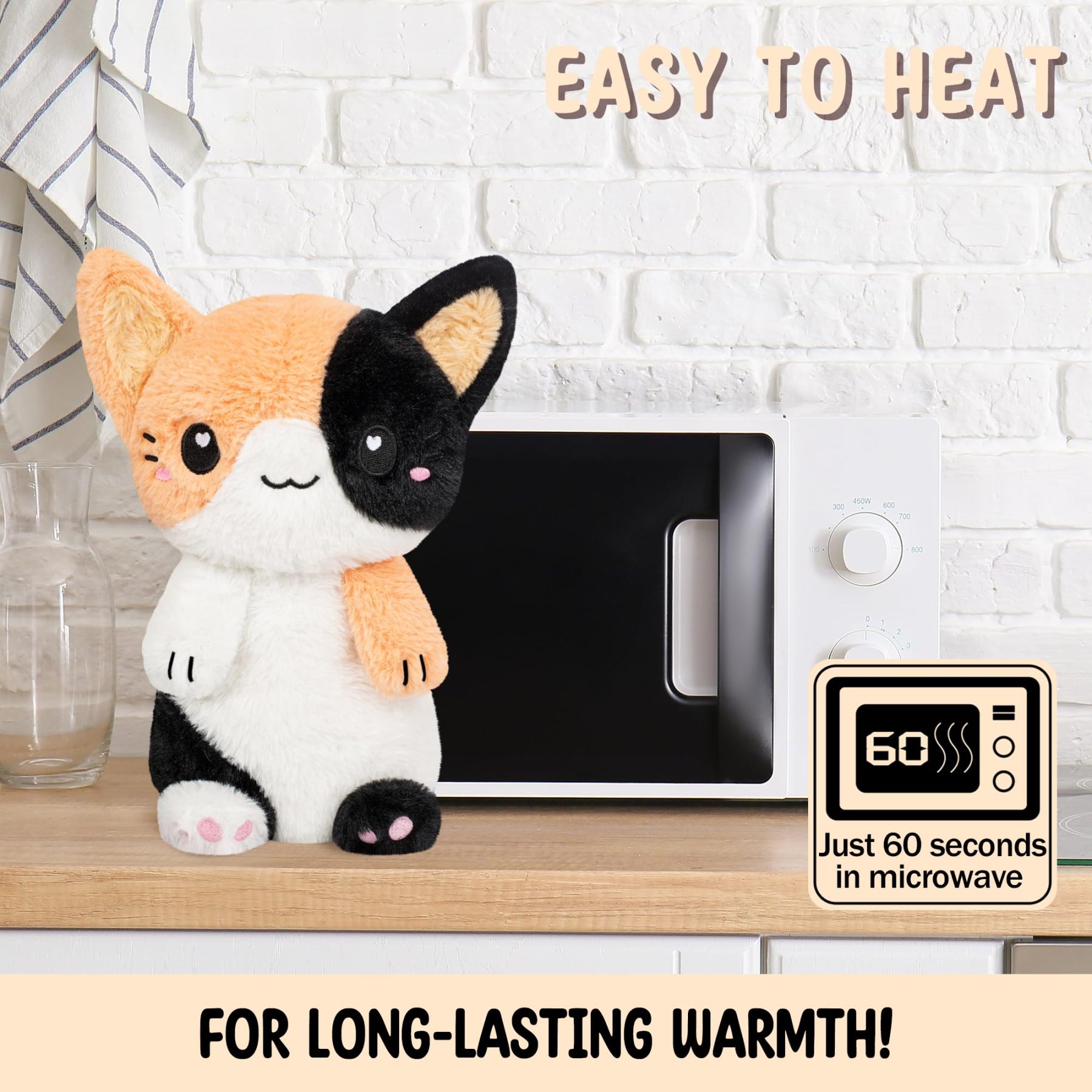 Calico Cat Microwavable 1.5 lbs Unscented Heating Pad for Women and Kids- Cute Soft Cozy Pillow Plush Heatable Warm Stuffed Animals - Kawaii Hot and Cold Plushie - Calico Cat Gifts for Girls and Women