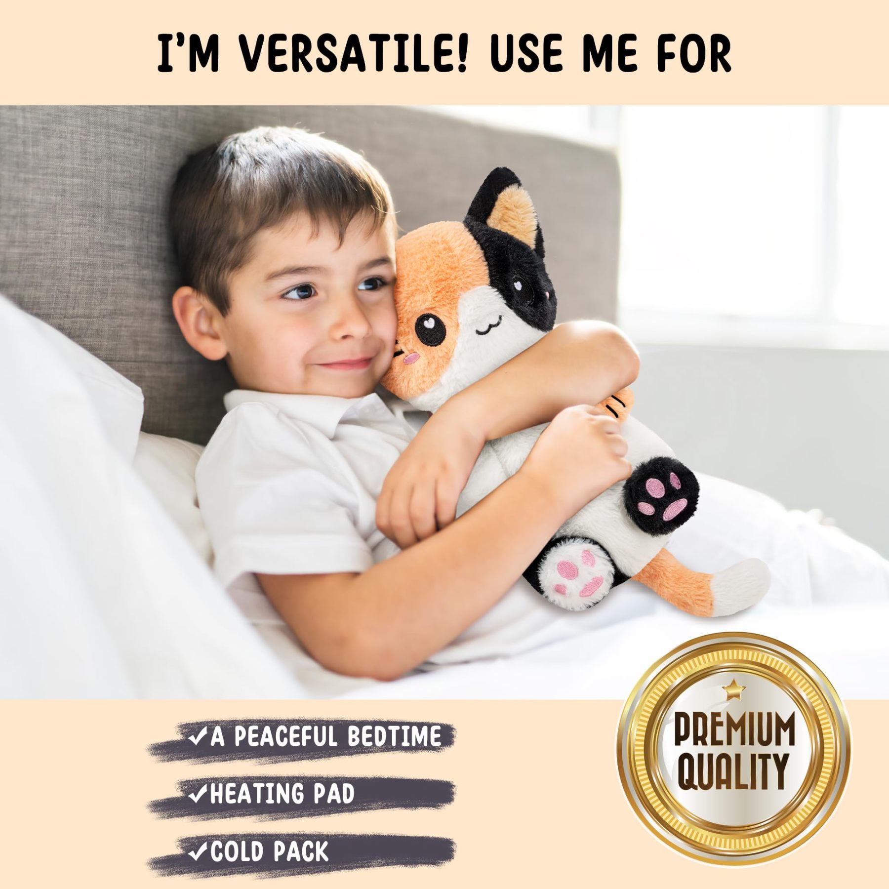 Calico Cat Microwavable 1.5 lbs Unscented Heating Pad for Women and Kids- Cute Soft Cozy Pillow Plush Heatable Warm Stuffed Animals - Kawaii Hot and Cold Plushie - Calico Cat Gifts for Girls and Women