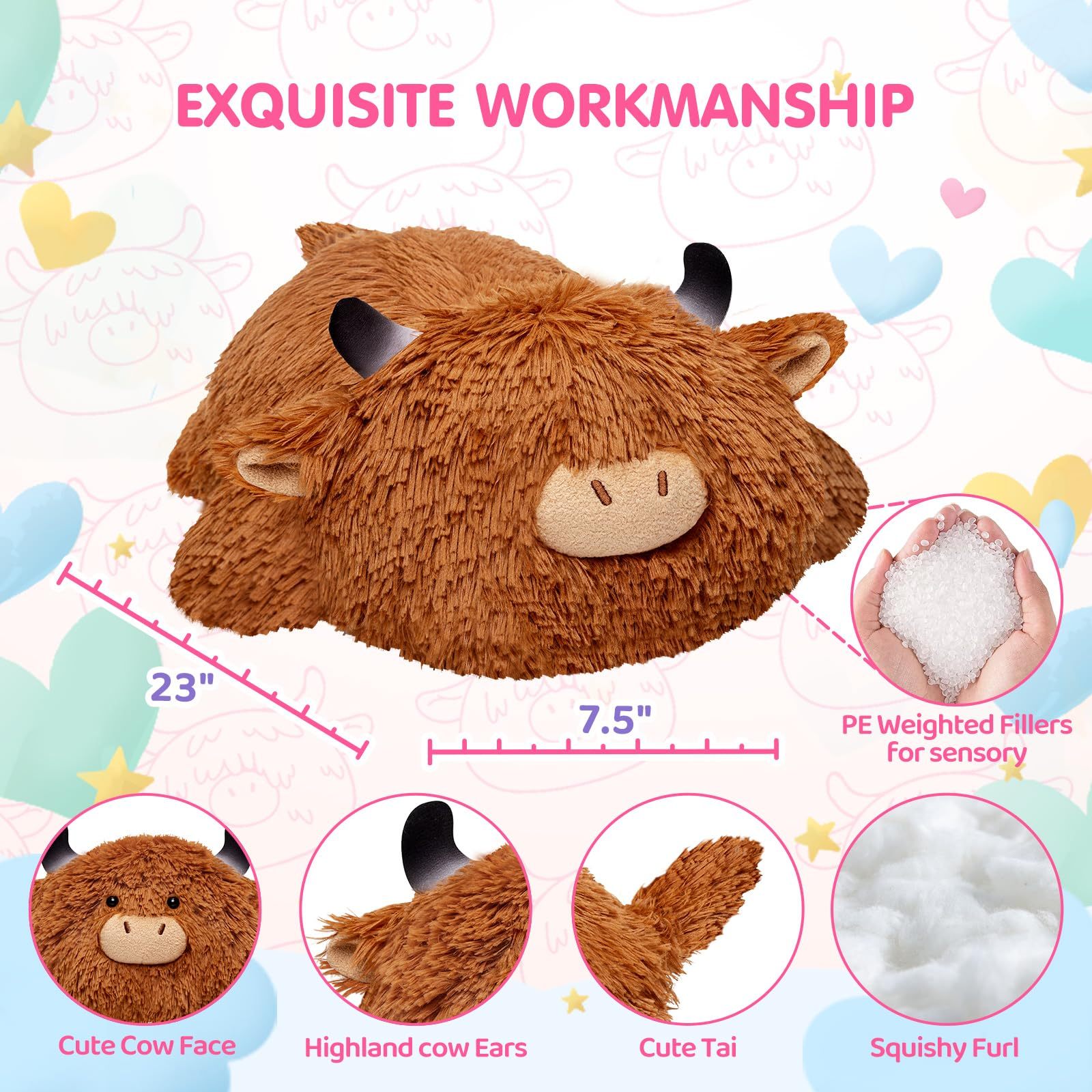 Weighted Highland Cow Plush, Weighted Stuffed Animals 4.0 Lbs, Cow Plush for Kids, Highland Cow Stuffed Animals, Weighted Plush Toy Birthday Gifts for Women, Girls and Males (23 inch)