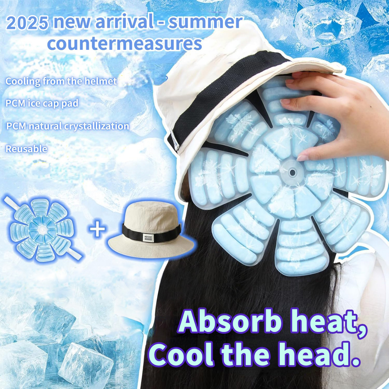 Ice Pack Hat, TPU & PCM Material, Reusable Head Cooling, Freezes Below 28°C, Summer Cooling for Helmets, Unisex