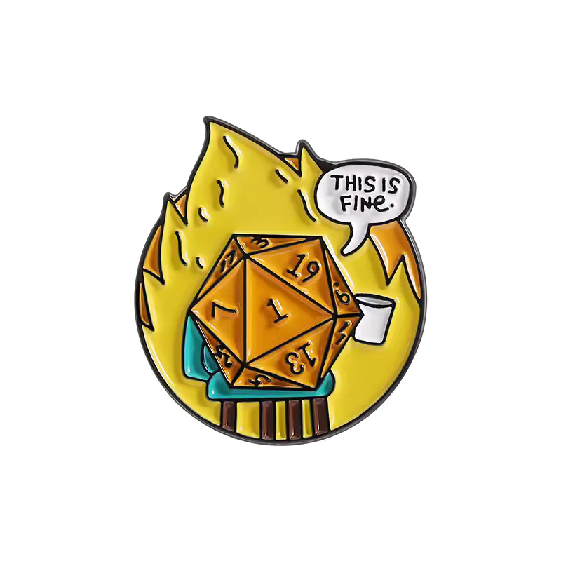 This is fine D20 enamel pin Dungeons and Dragons DND die dice fire
