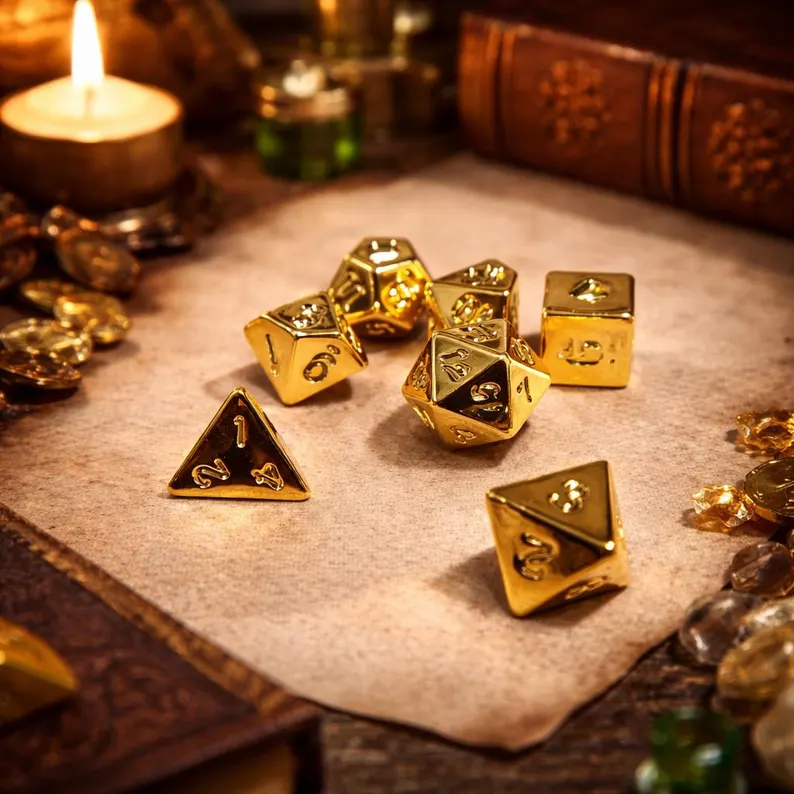 Gold Chrome DnD Dice Set (Give away a Mystery Monster D&D RPG Figures Miniatures)
