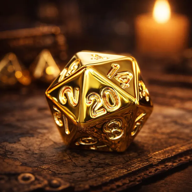 Gold Chrome DnD Dice Set (Give away a Mystery Monster D&D RPG Figures Miniatures)