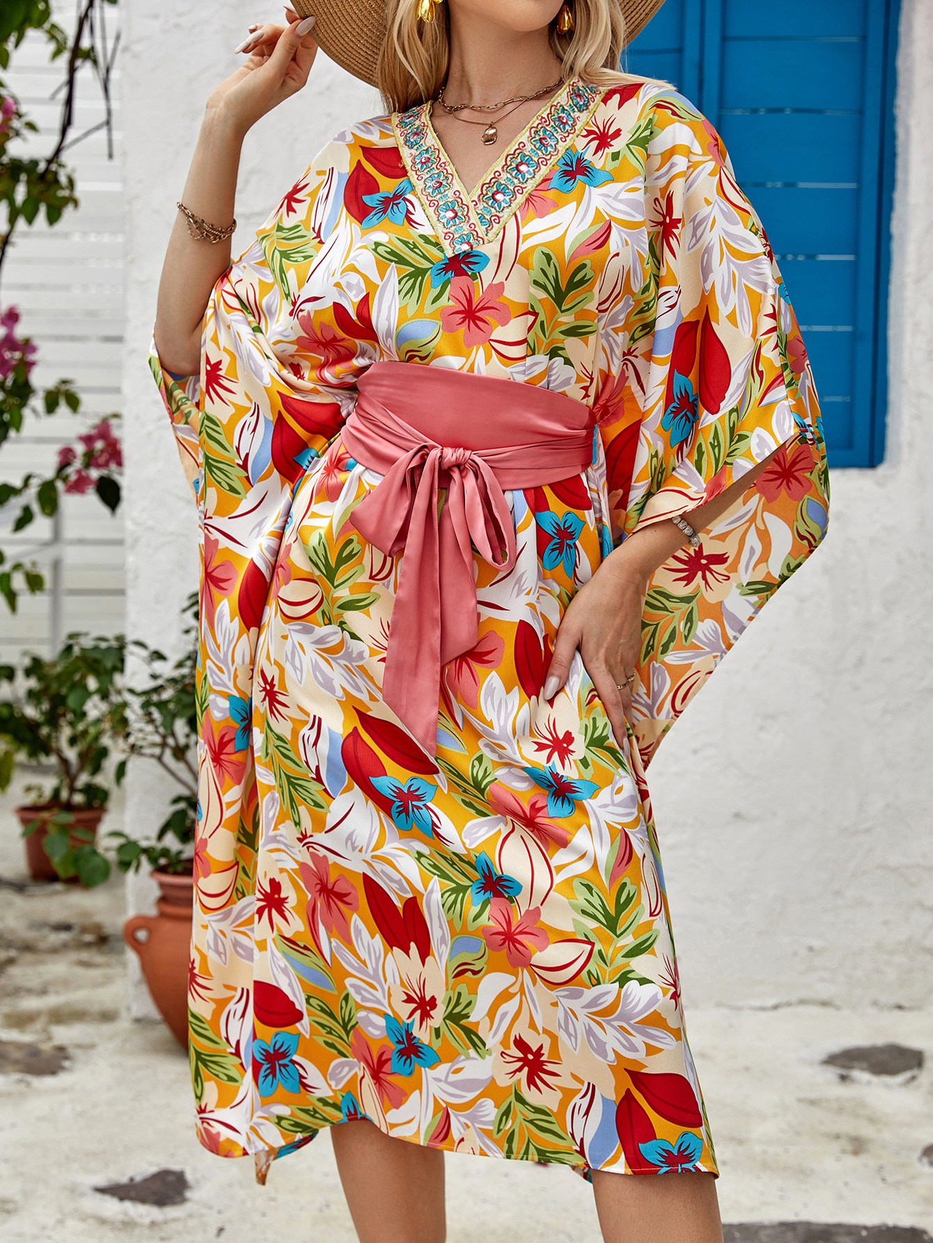 Women’s Boho Resort Print Tie Waist Midi Dress D-35142