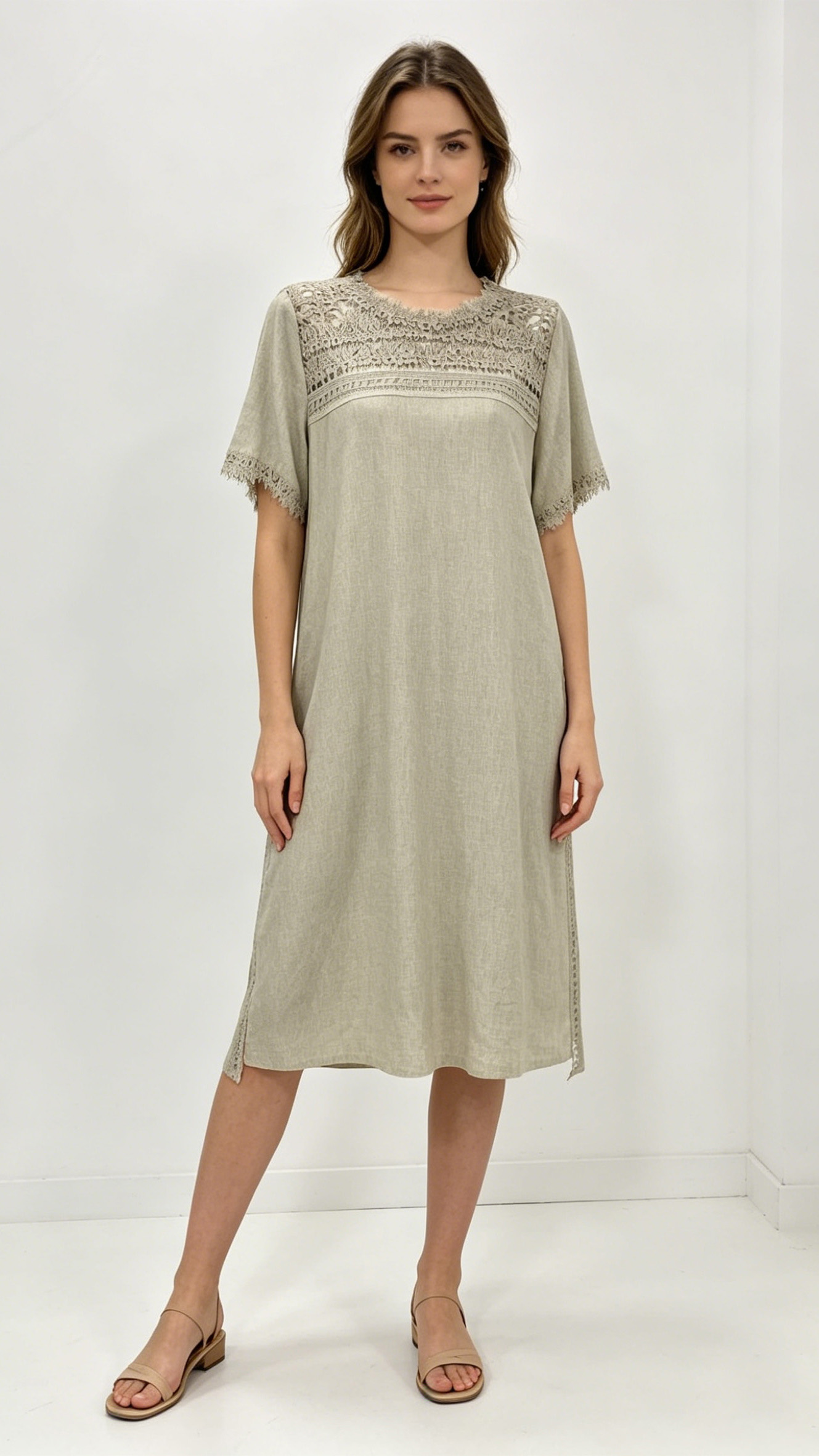 Women’s Linen Midi Dress – Lace Yoke Loose Boho Summer Dress W-42901