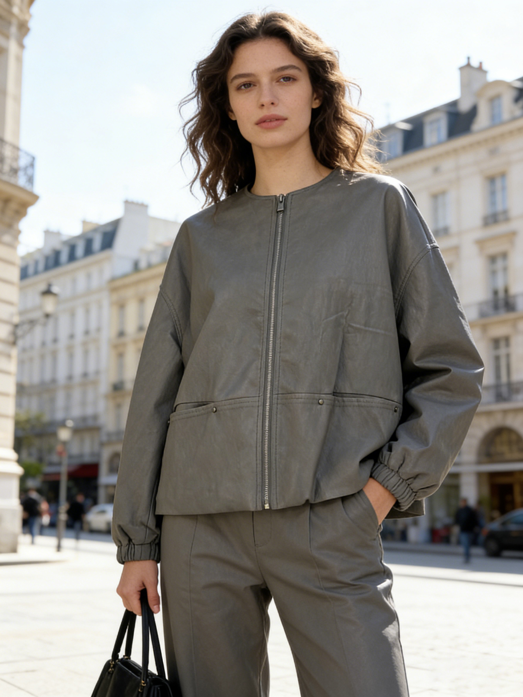 Minimalist Faux Leather Zip-Up Jacket – Cropped Urban Spring Fall Outerwear 27531