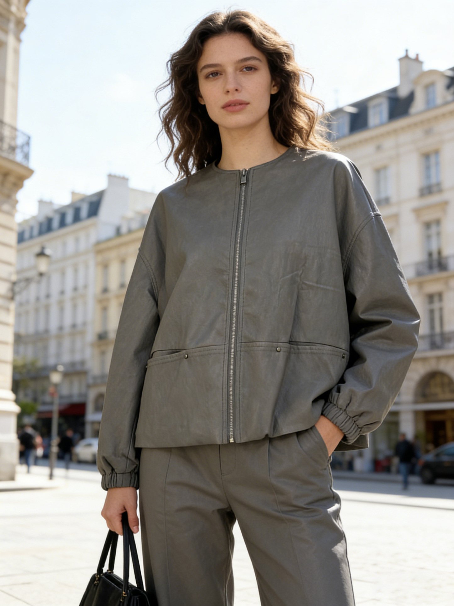 Minimalist Faux Leather Zip-Up Jacket – Cropped Urban Spring Fall Outerwear 27531