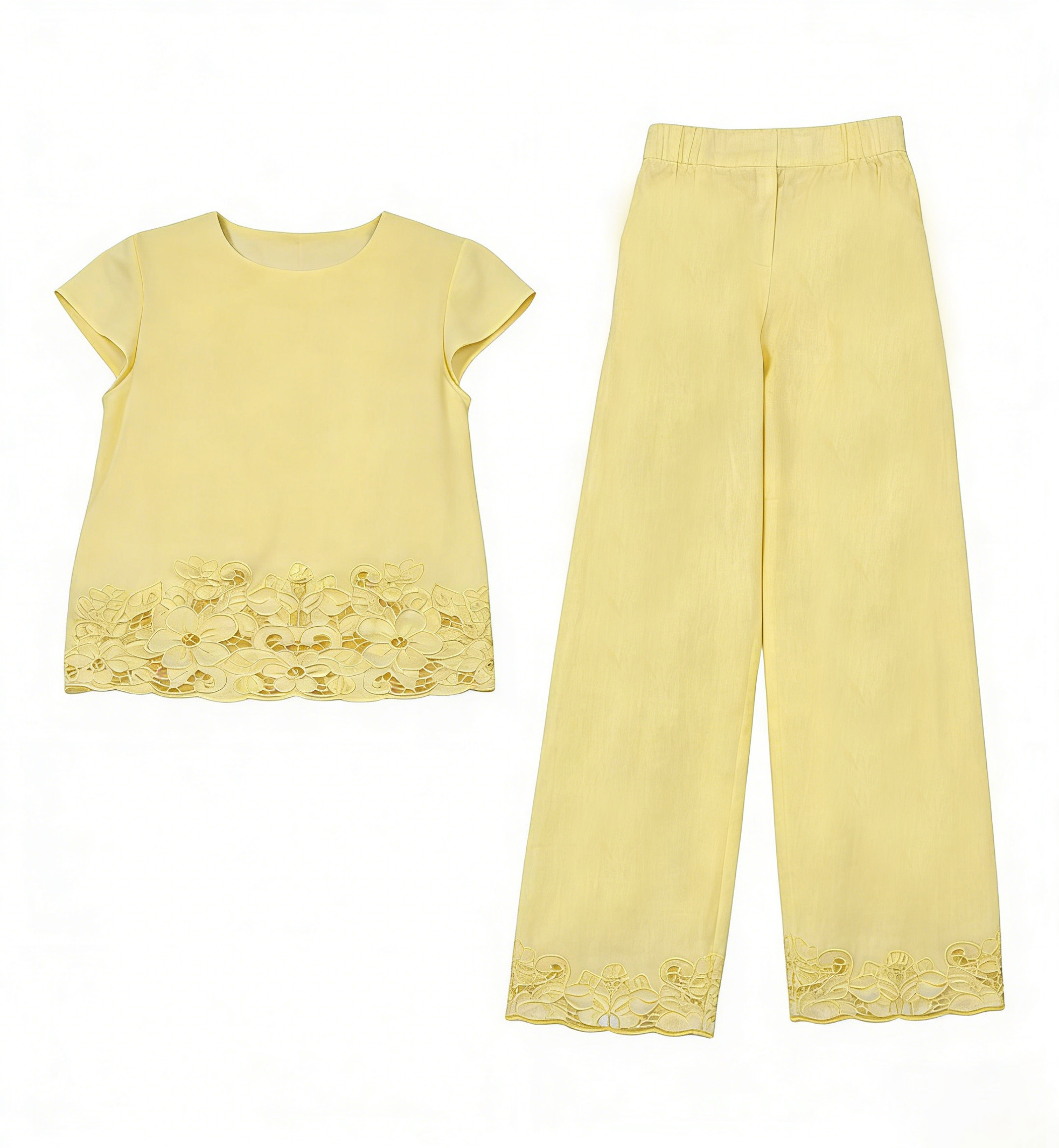 Women’s Linen Two Piece Set – Embroidered Top & Wide Leg Pants Summer Resort Wear A