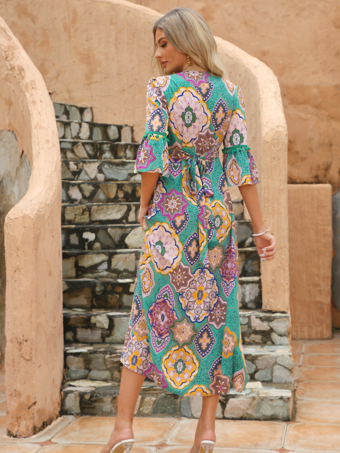 Women’s Boho Moroccan Print Midi Dress with Tie Neck D-34351