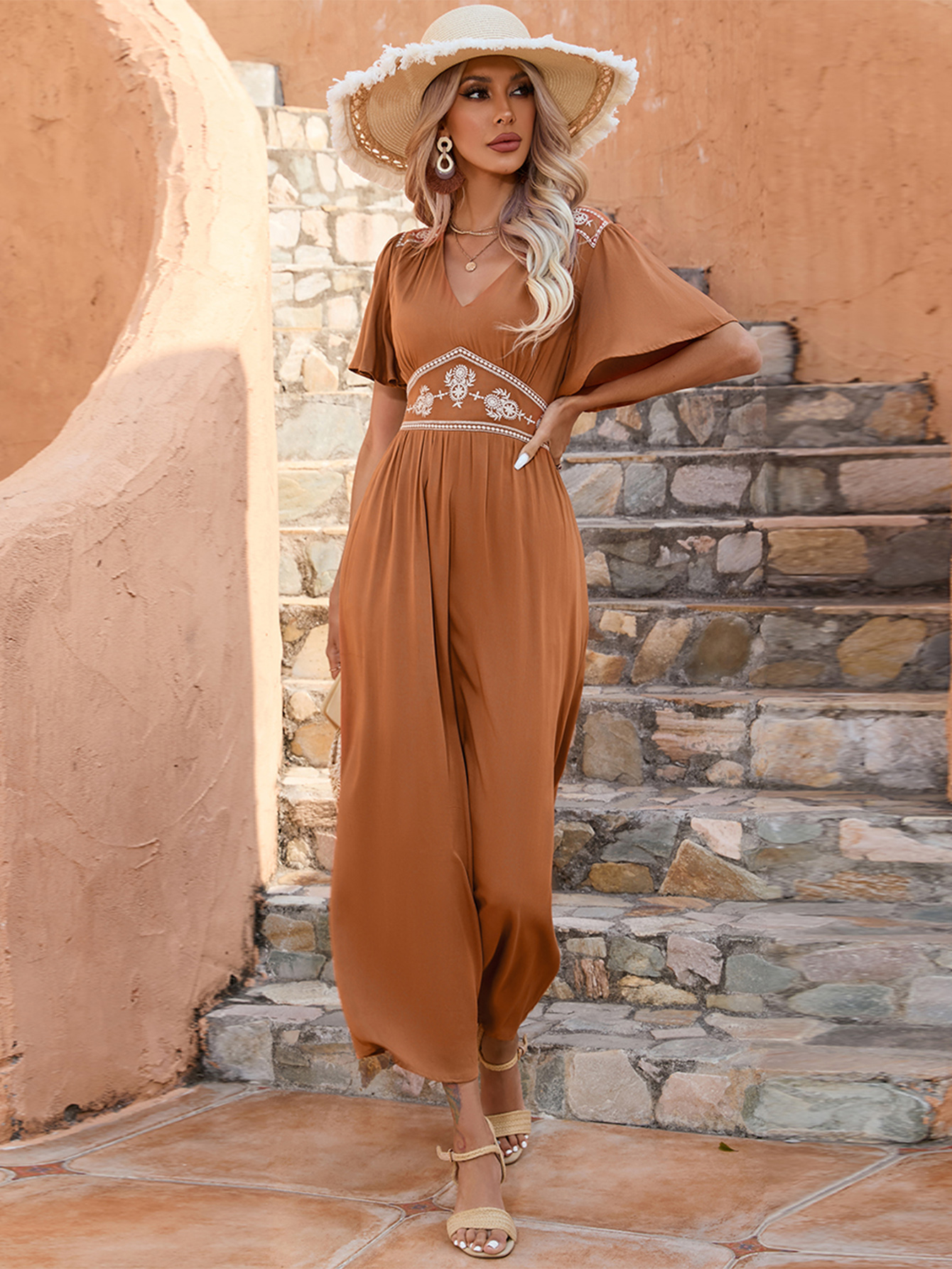 Women’s Boho Embroidered V-Neck Midi Dress in Earth Tone D-34376