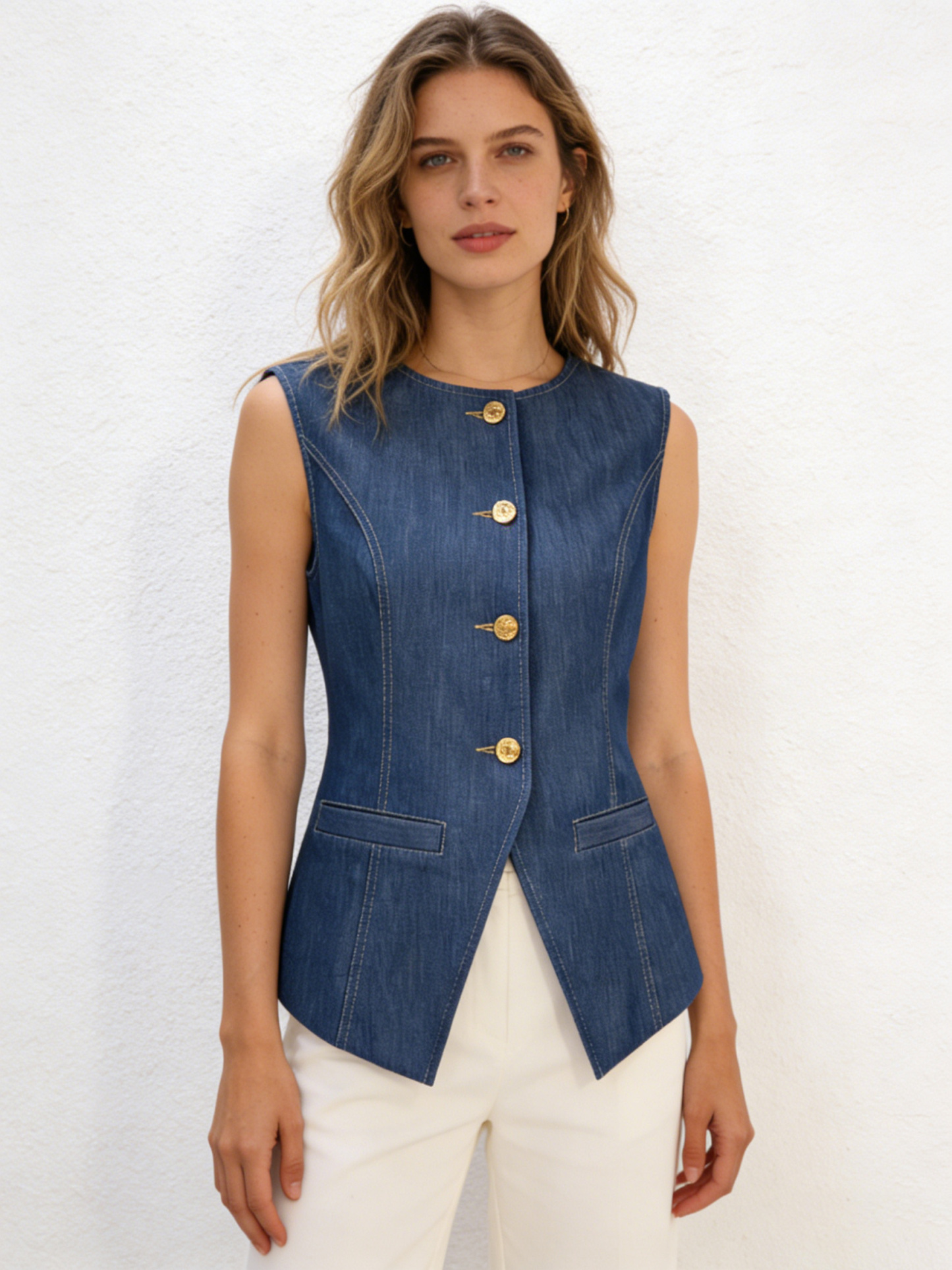 Modern Tailored Denim Vest, Sleeveless Business Casual Top C-41270