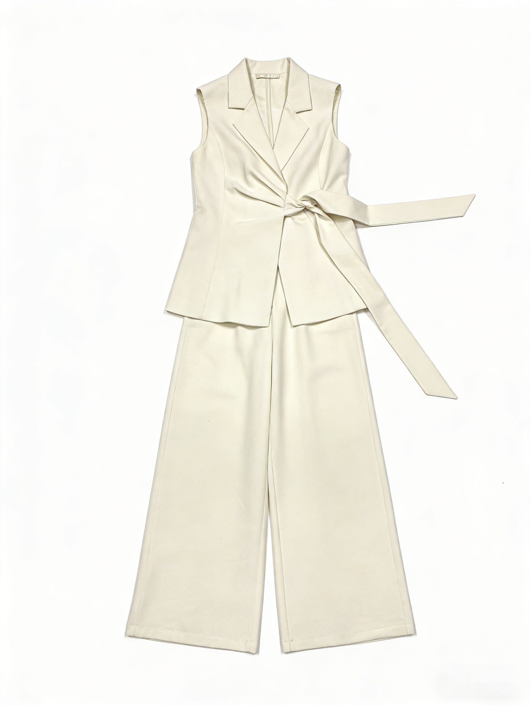 Cream White Sleeveless Blazer Vest Wide Leg Pants Set - Tie Waist Two Piece Outfit C-41320+C-41321