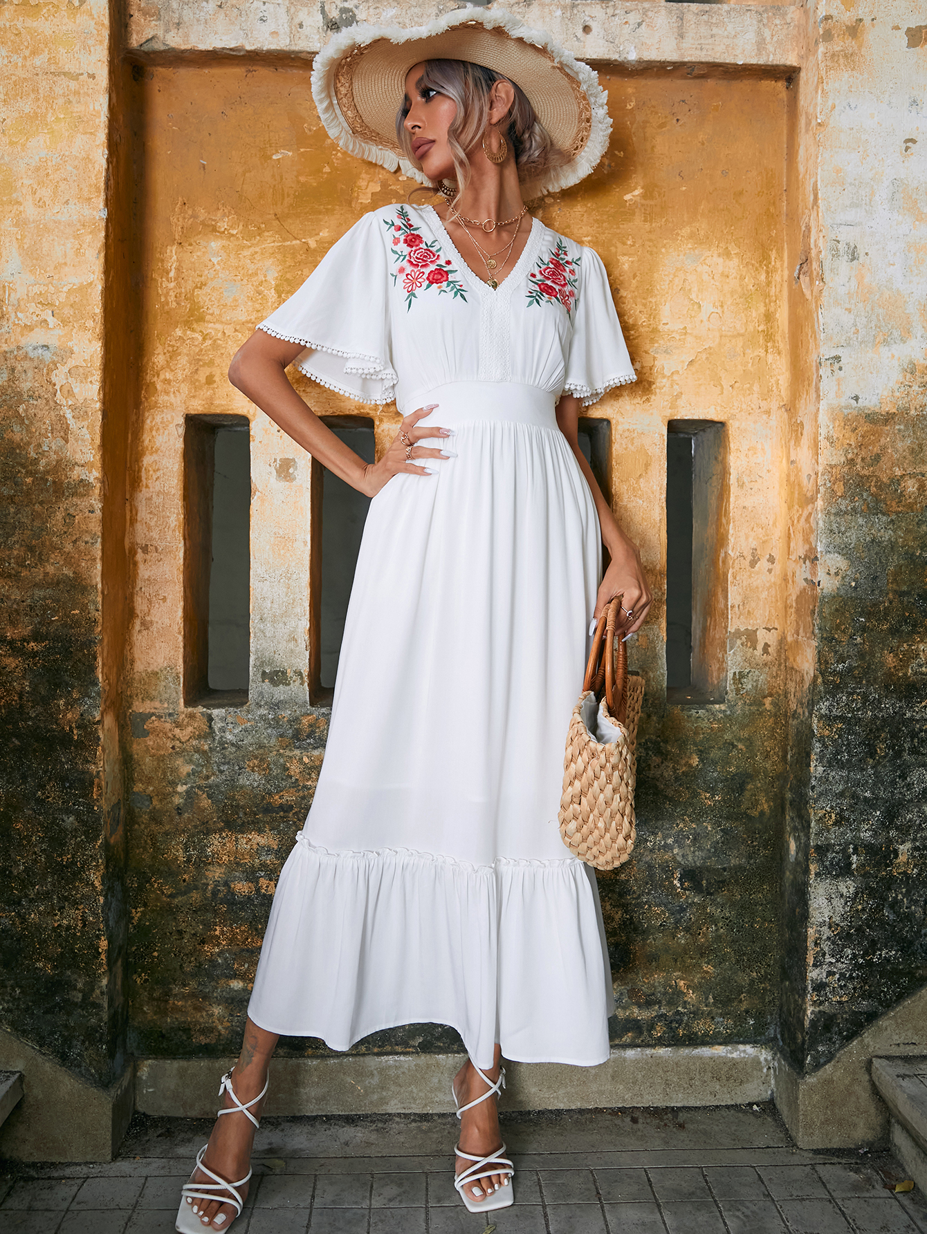 Women’s White Boho Floral Embroidered Midi Dress D-34408