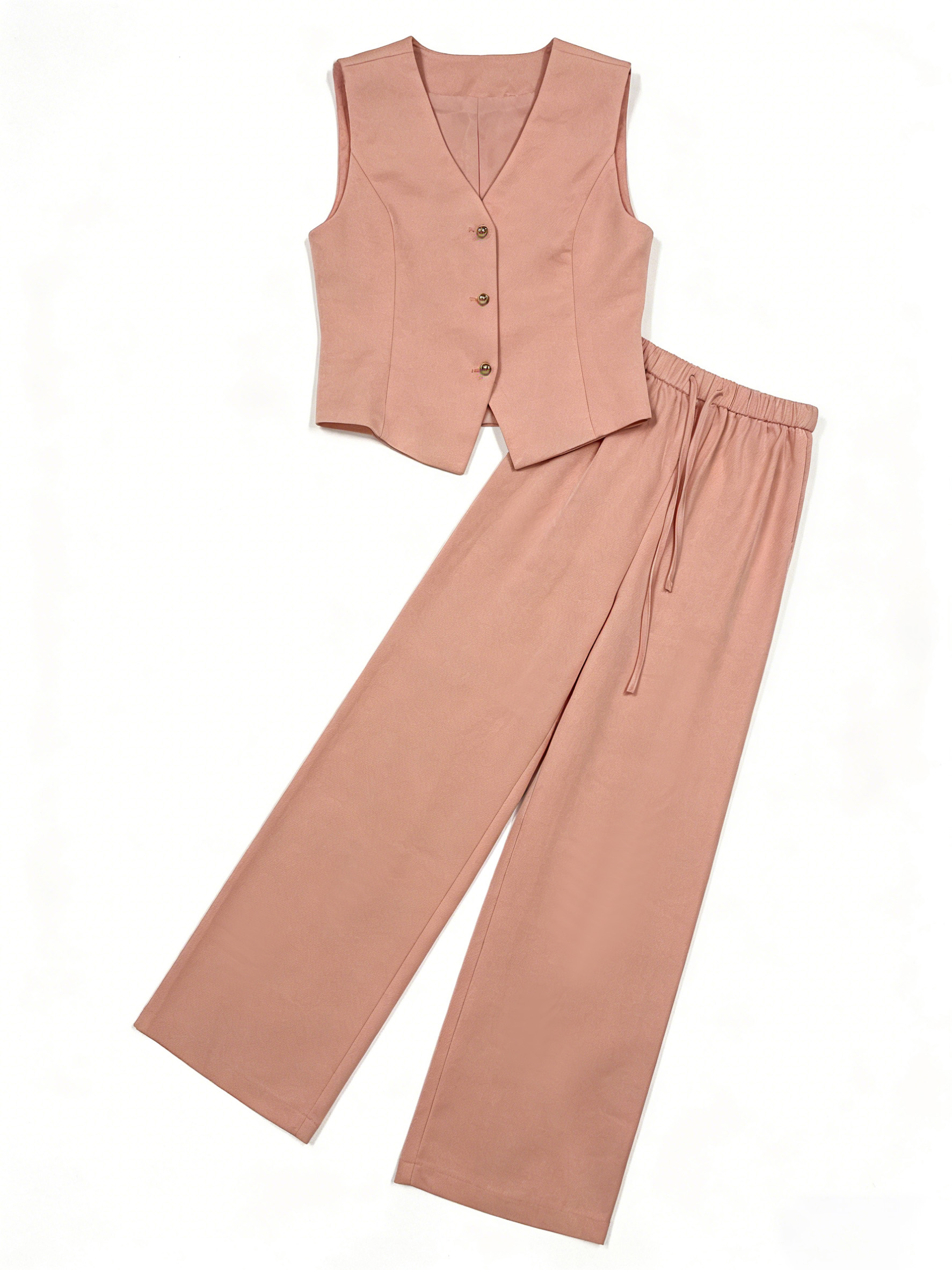 Blush Pink Linen-Blend Sleeveless Vest Wide Leg Pants Set - Two Piece Outfit V-39959