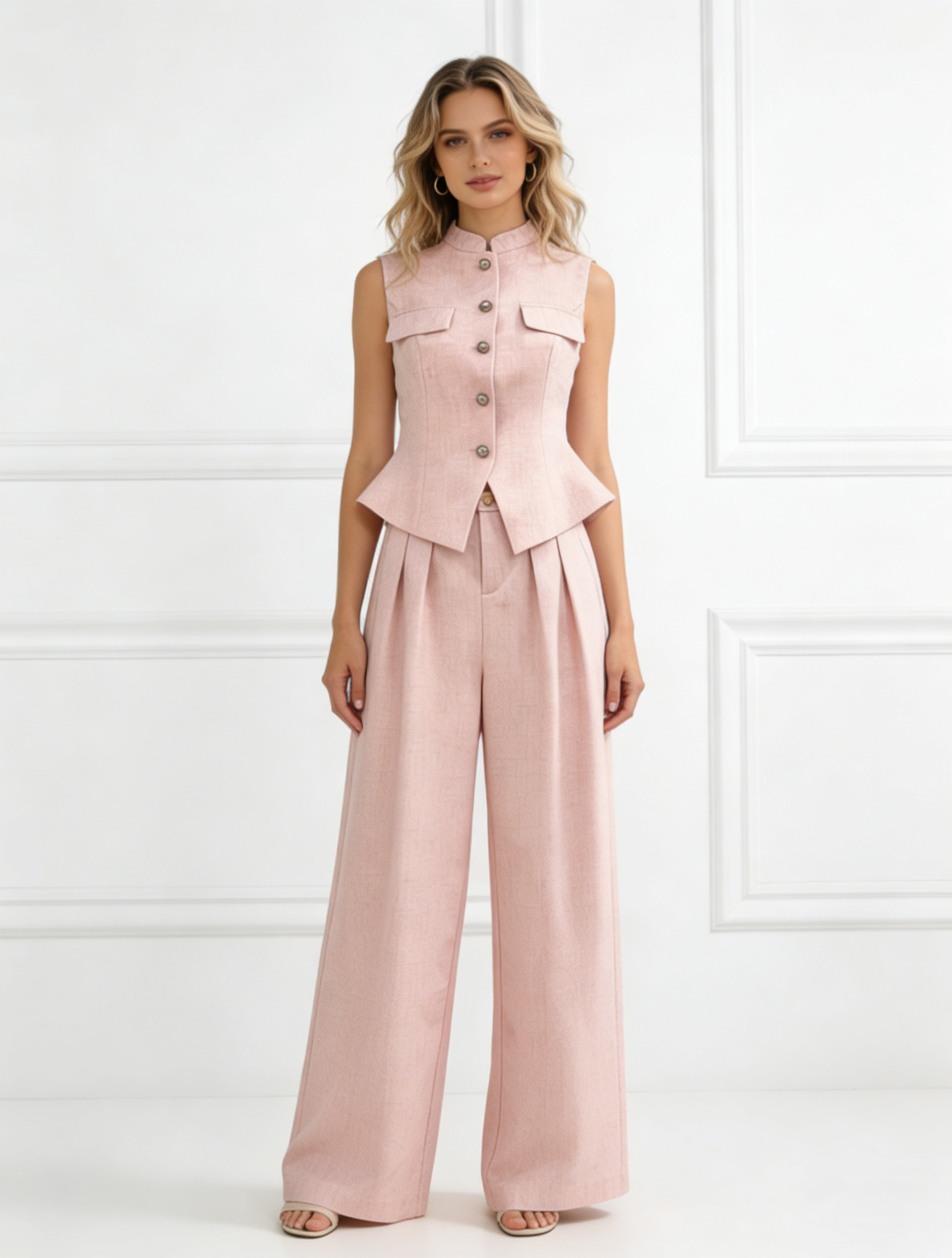 Pink Linen-Blend Mandarin Collar Vest Wide Leg Pants Set - Office 2 Piece Outfit V-C41196
