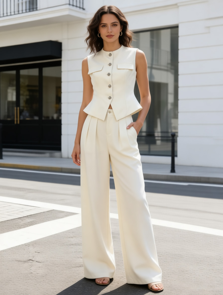 Pink Linen-Blend Mandarin Collar Vest Wide Leg Pants Set - Office 2 Piece Outfit V-C41196