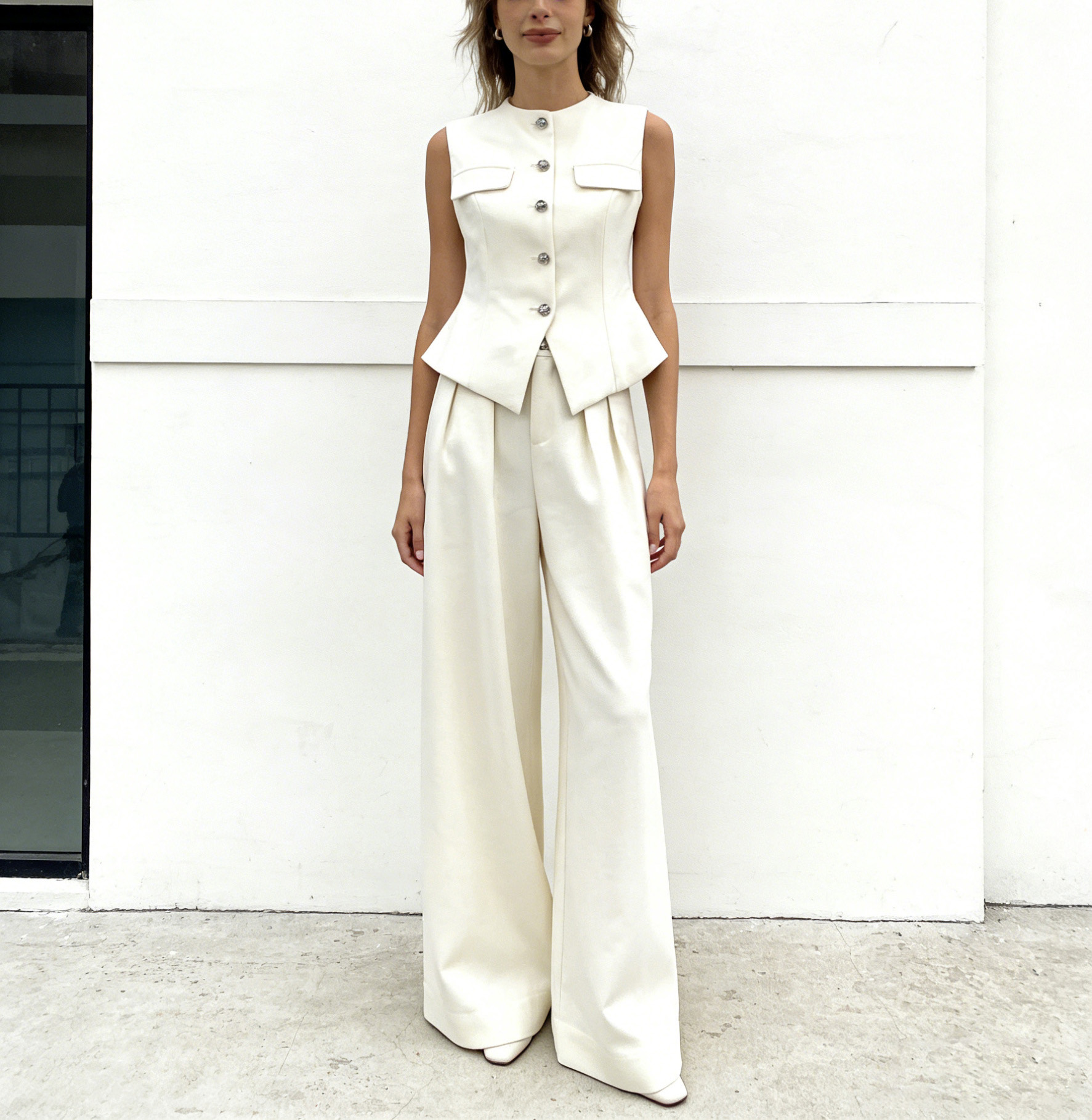 Pink Linen-Blend Mandarin Collar Vest Wide Leg Pants Set - Office 2 Piece Outfit V-C41196