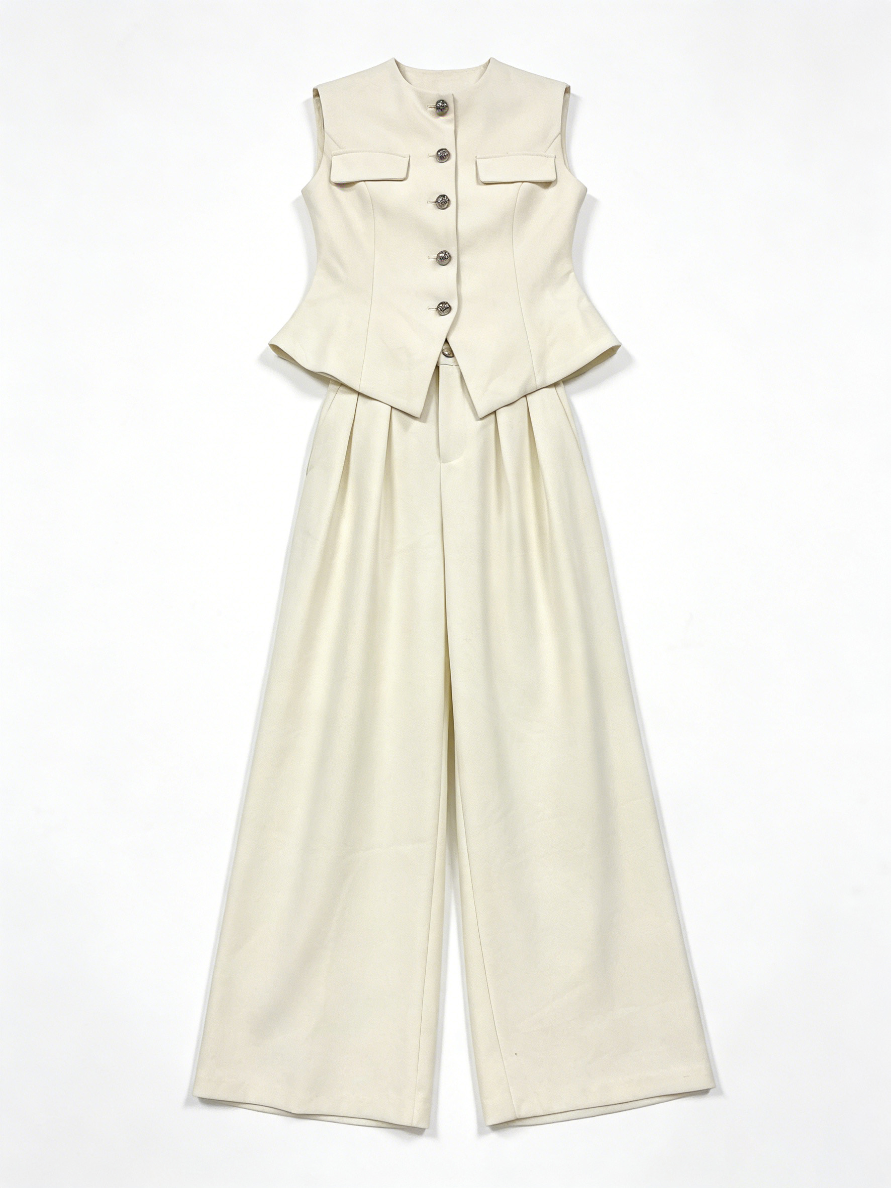 Pink Linen-Blend Mandarin Collar Vest Wide Leg Pants Set - Office 2 Piece Outfit V-C41196