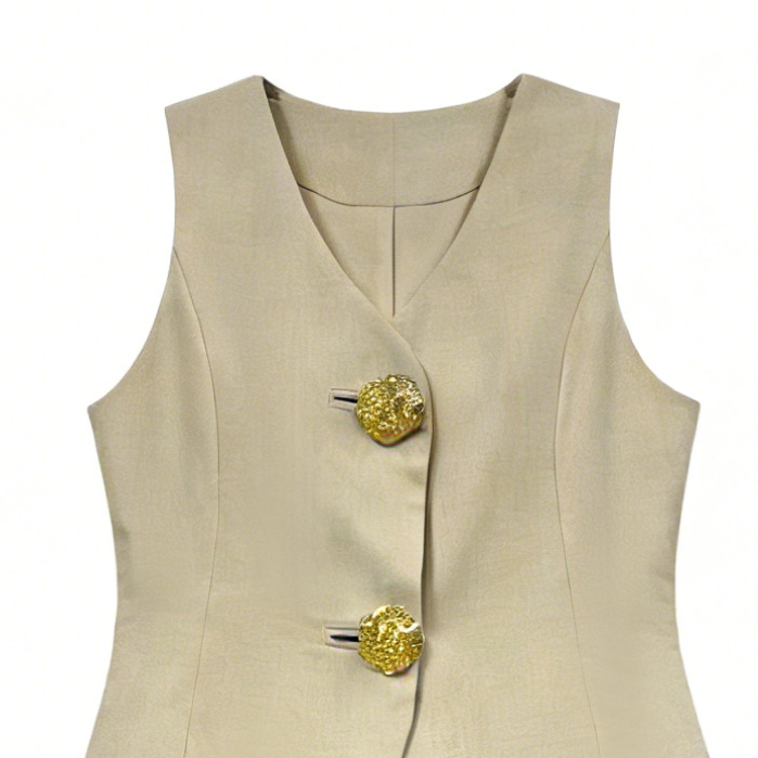 Beige Linen-Blend Sleeveless Vest Wide Leg Pants Set - Two Piece Office Outfit YB-002