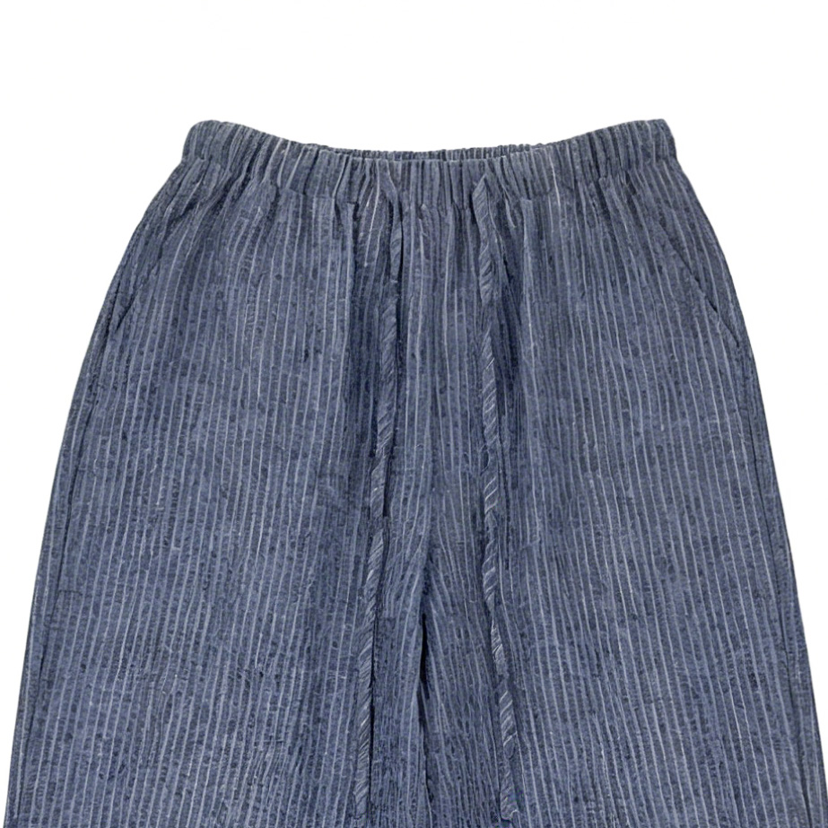 Blue Striped Linen-Blend Wide Leg Pants - Drawstring Waist Casual Trousers S-2543